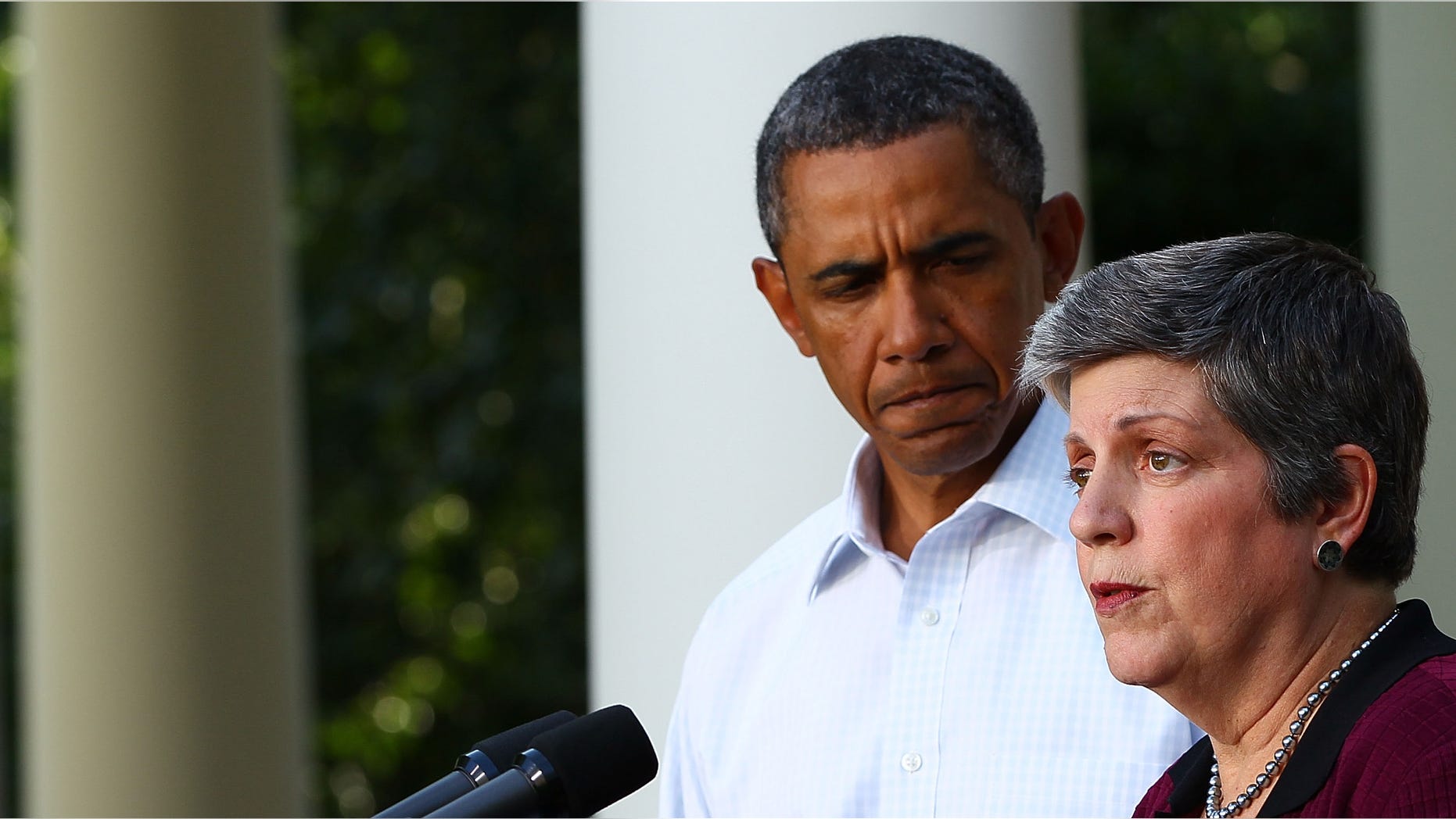 WASHINGTON, DC - AUGUST 28: Secretary of Homeland Security Janet Napolitano (R) speaks with U.S. President Barack Obama on the aftermath of Hurricane Irene from the Rose Garden of the White House August 28, 2011 in Washington, DC. Hurricane Irene killed at least 15 people and more than 4.5 million homes and businesses are without power due to the storm. (Photo by Win McNamee/Getty Images)