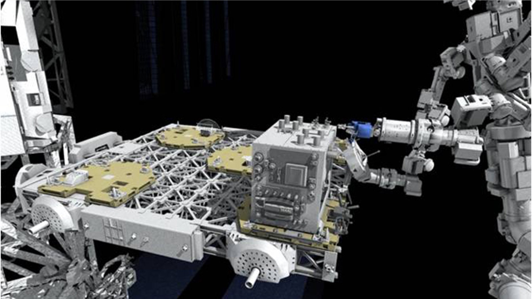 The Dextre robot will help affix NASA's Robotic Refueling Mission experiment to the International Space Station's ExPRESS Logistics Carrier-4.