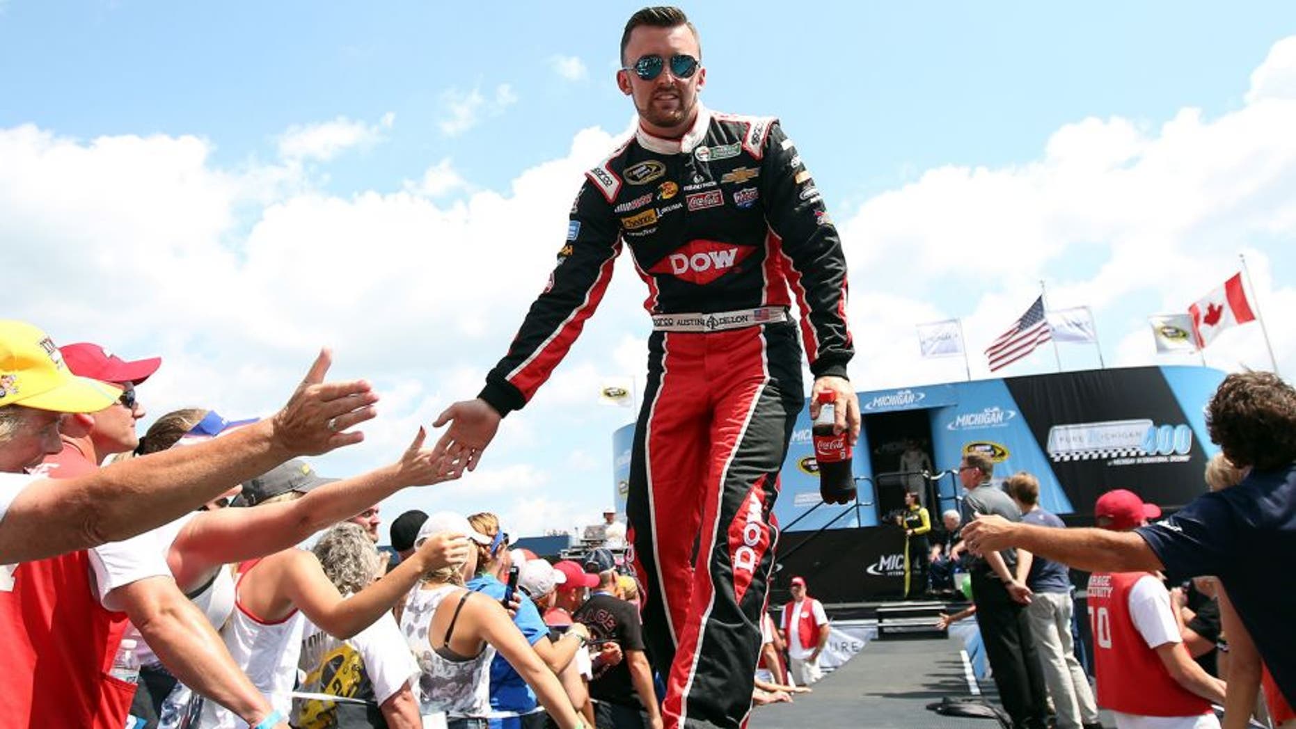 BROOKLYN, MI - AUGUST 16: Austin Dillon, driver of the #3 Dow Chevrolet, is introduced during pre-race ceremonies before the NASCAR Sprint Cup Series Pure Michigan 400 at Michigan International Speedway on August 16, 2015 in Brooklyn, Michigan. (Photo by Nick Laham/NASCAR via Getty Images)