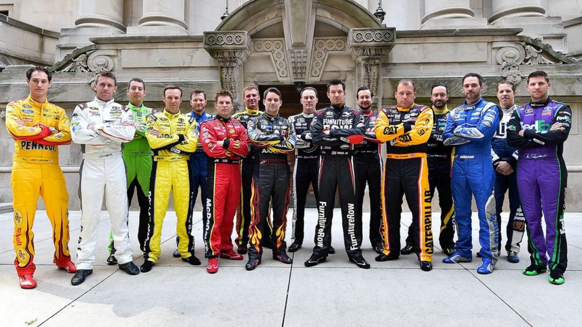 Sep 17, 2015; Chicago, IL, USA; NASCAR Sprint Cup Series drivers pose for a picture during the The Chase for the NASCAR Sprint Cup Media Day at The Murphy Chicago. Mandatory Credit: Jasen Vinlove-USA TODAY Sports