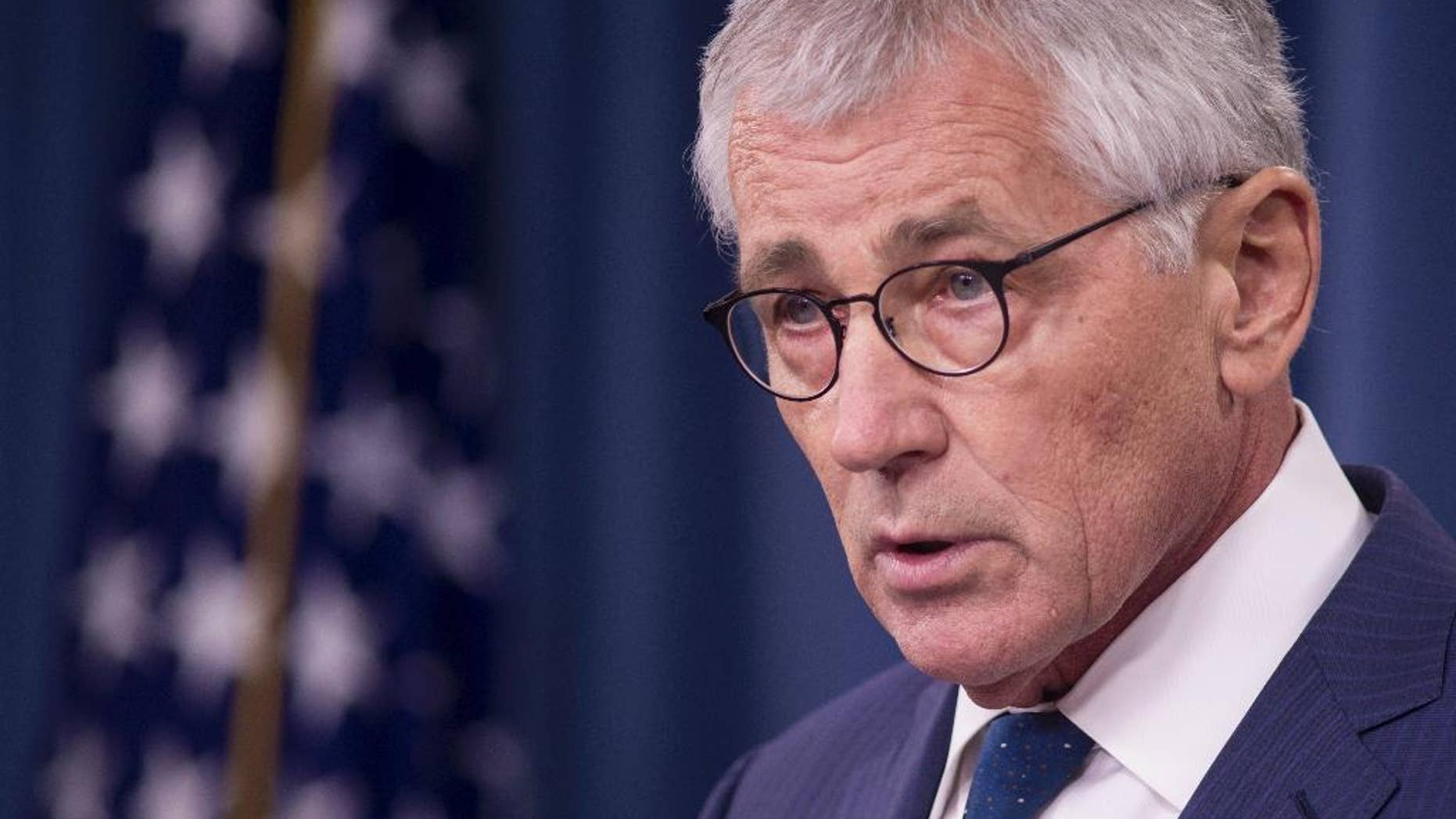 In this Thursday, Jan. 22, 2015, file photo outgoing Defense Secretary Chuck Hagel speaks during a news conference at the Pentagon. With NATO officials calling Russia more unpredictable now than during the Cold War, alliance defense ministers on Thursday, Feb. 5, 2015, are expected to approve further measures to enhance NATO's ability to deter and, if necessary, respond to military threats from Moscow, officials said. (AP Photo/Cliff Owen)