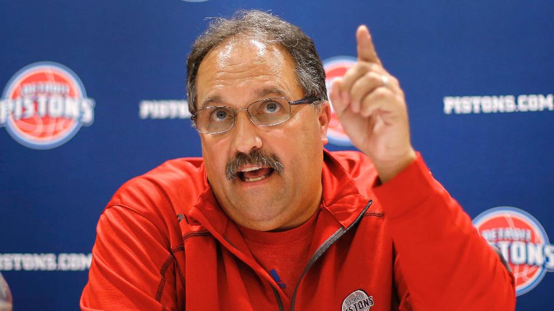 Stan Van Gundy, Detroit Pistons head coach and president of basketball operations, speaks about the NBA basketball draft during a news conference Tuesday, June 24, 2014, in Auburn Hills, Mich. Van Gundy has a plan to turn around the Pistons and it probably will not include this year's draft because the once-proud franchise does not have a first-round pick. (AP Photo/Paul Sancya)