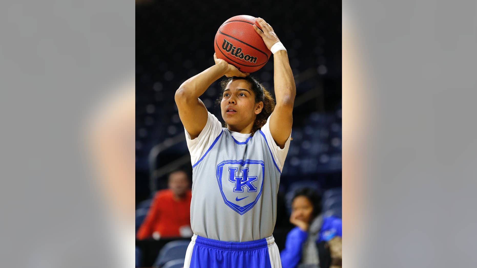 Kentucky guard Jennifer O'Neill shoots during their NCAA women's college basketball tournament practice at the Purcell Pavilion in South Bend, Ind., Friday, March 28, 2014. Baylor plays Kentucky Saturday. (AP Photo/Paul Sancya)