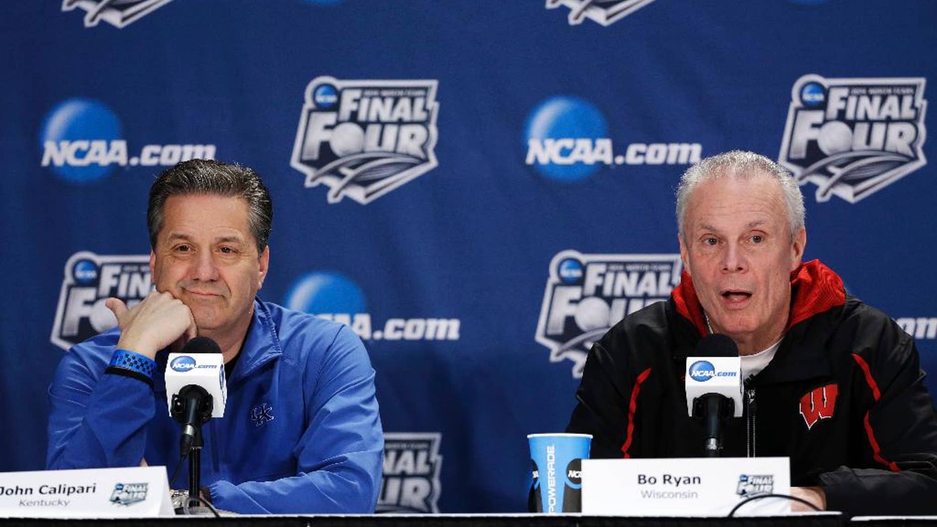 Wisconsin head coach Bo Ryan, right, and Kentucky head coach John Calipari participate in a joint news conference for their NCAA Final Four tournament college basketball semifinal game Thursday, April 3, 2014, in Dallas. Wisconsin plays Kentucky on Saturday, April 5, 2014. (AP Photo/David J. Phillip)