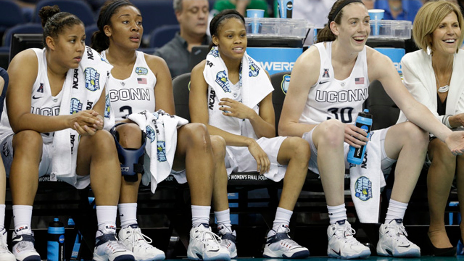 April 5, 2015: The Connecticut bench watches play against Maryland during the second half of the NCAA Women's Final Four tournament college basketball semifinal game in Tampa, Fla. Connecticut won 81-58. (AP Photo/John Raoux)
