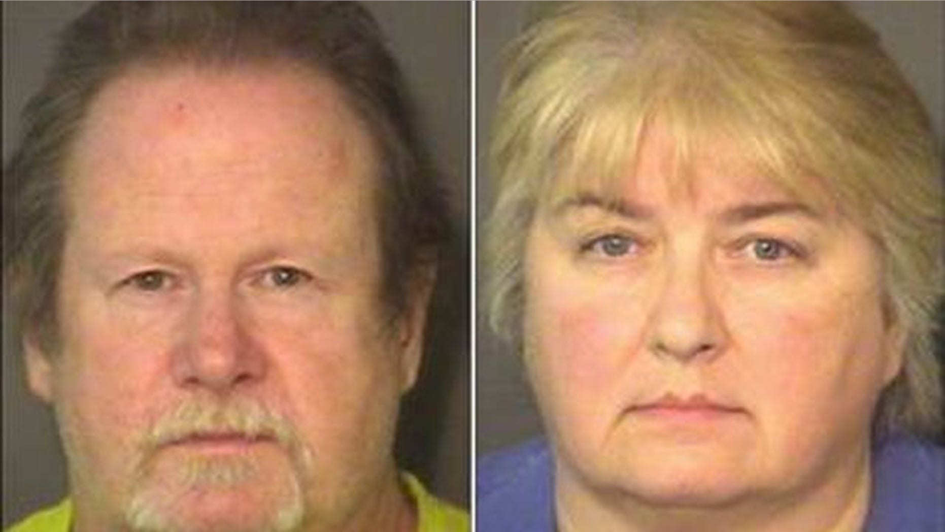 Dorian Lee Harper, left, and Wanda Sue Larson, are charged with child abuse after North Carolina sheriff's deputies allegedly found one of their foster children chained to a porch with a dead chicken around his neck. (Union County Sheriff's Office)