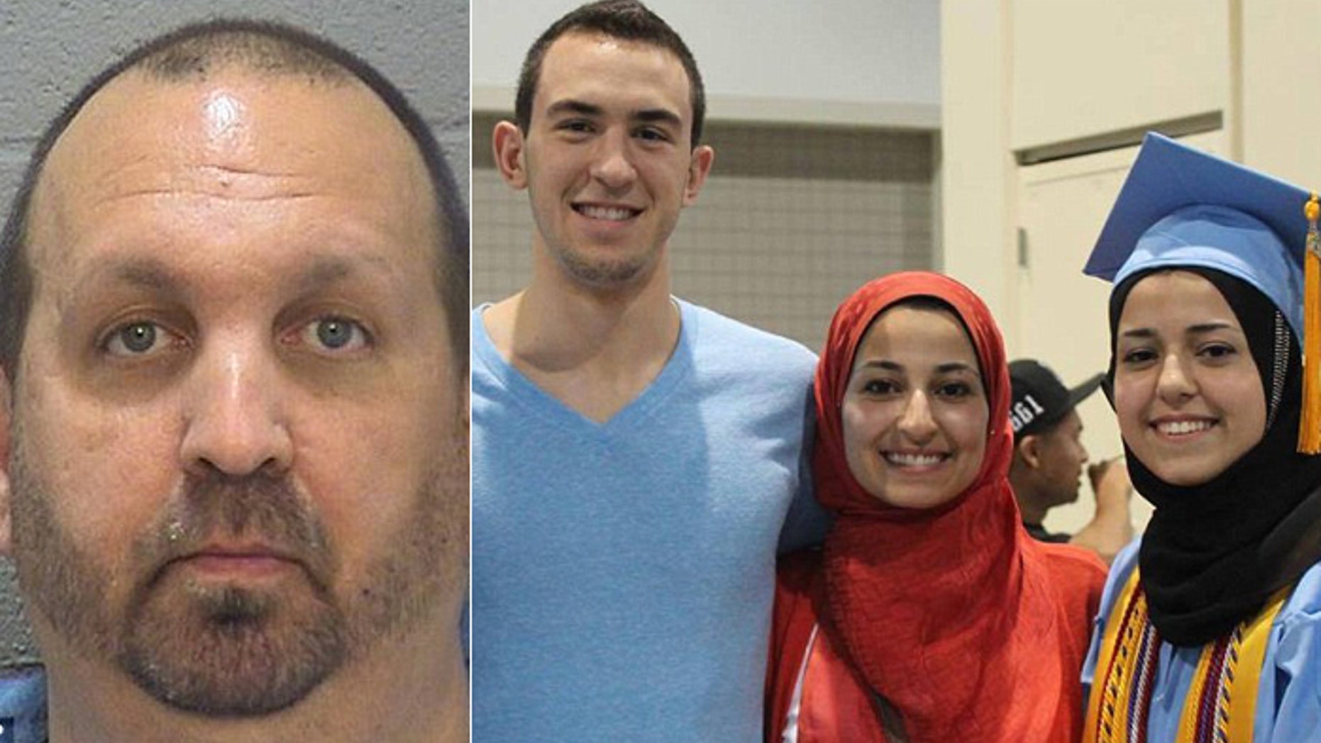 Craig Stephen Hicks, (l.), is suspected of gunning down neighbors Deah Shaddy Barakat; his wife, Yusor Abu-Salha, 21; and her sister, shown left to right in photo on right.