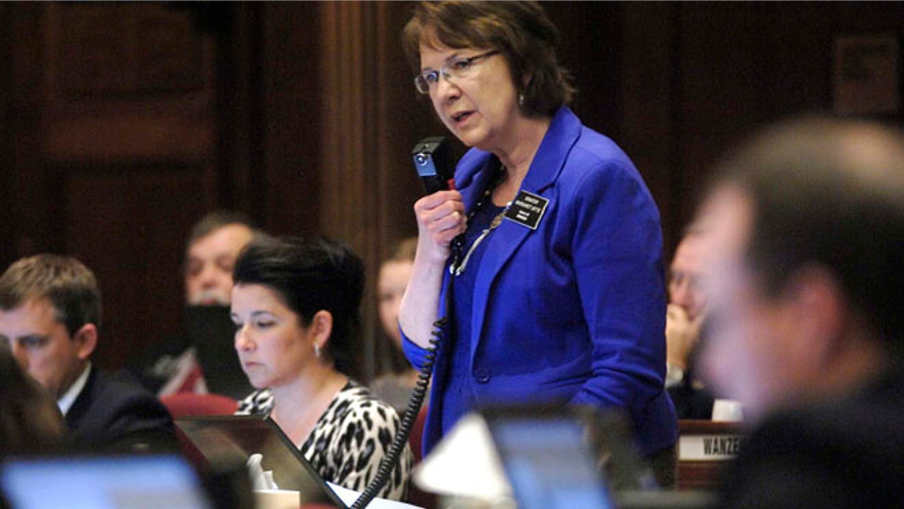 March 15, 2013: North Dakota state Sen. Margaret Sitte, R-Bismarck, speaks in favor of HB1305 during the chamber floor debate at the state Capitol in Bismarck, N.D.