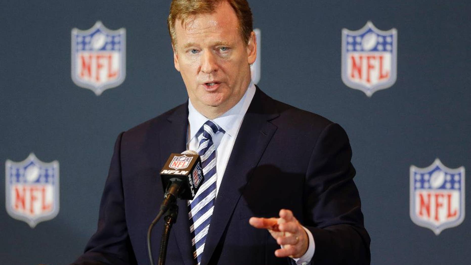 NFL Commissioner Roger Goodell answers questions during a news conference at the NFL football annual meeting in Orlando, Fla., Monday, March 24, 2014. (AP Photo/John Raoux)