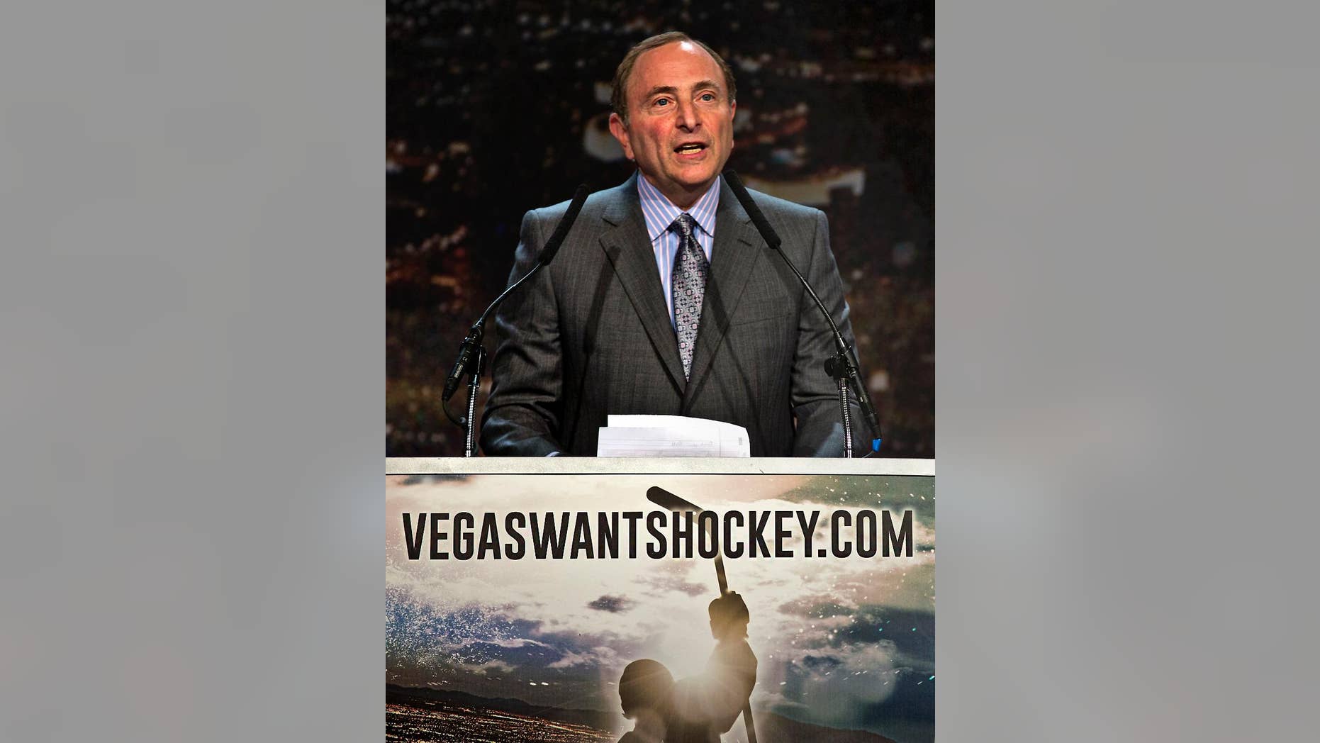 FILE - In this Feb. 10, 2015, file photo, Gary Bettman, commissioner of the National Hockey League, addresses the crowd during the "Let's Bring Hockey to Las Vegas!" news conference at the MGM Grand Ballroom in Las Vegas. With talk of expansion to Las Vegas percolating, the city welcomes the NHL this week for another awards show while general managers and the board of governors set the league's short- and long-term future. (L.E. Baskow/Las Vegas Sun via AP, File)) LAS VEGAS REVIEW-JOURNAL OUT