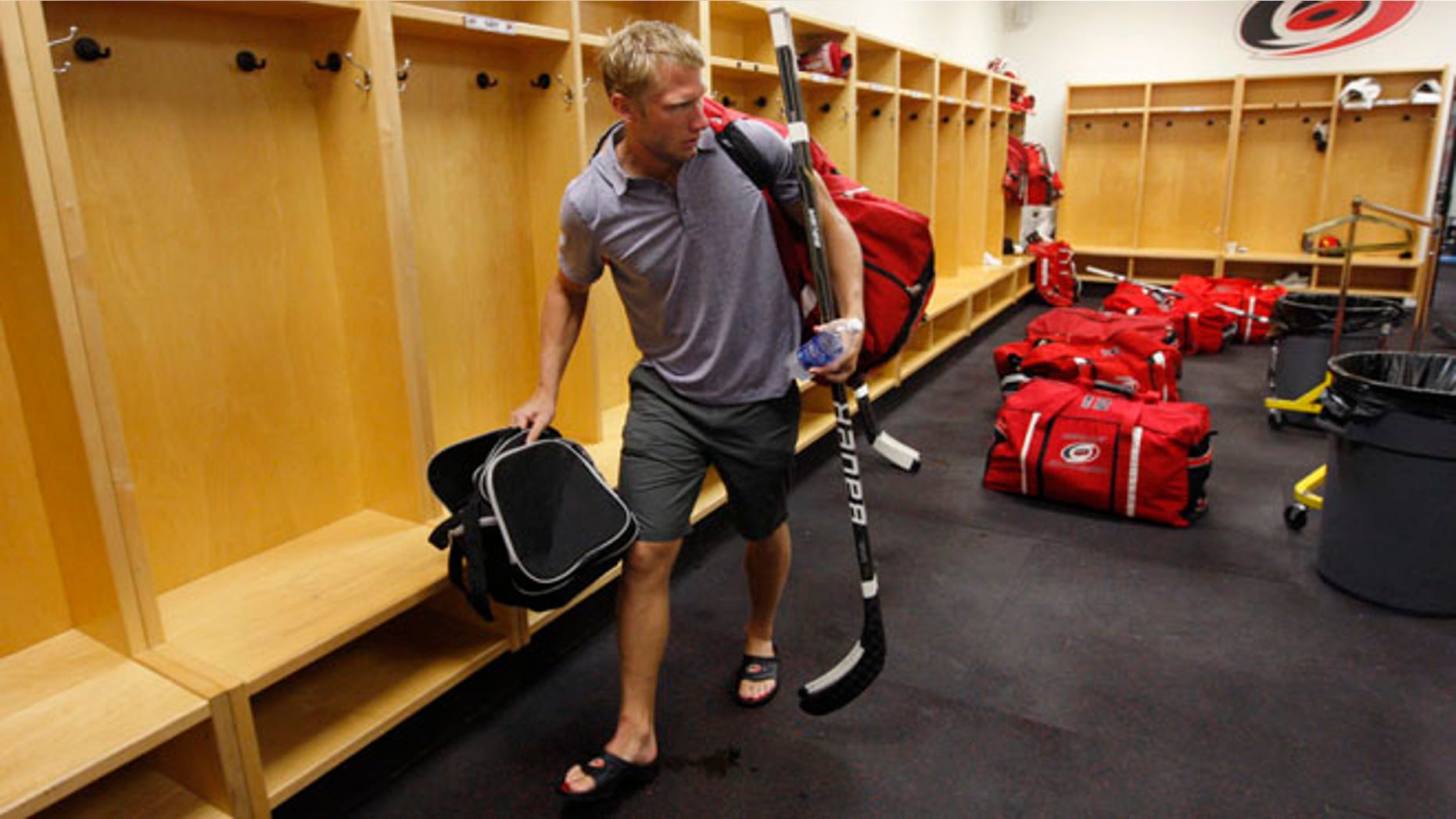 Sept. 14, 2012: Carolina Hurricanes' Jordan Staal leaves the locker room after the NHL hockey team's informal workout at Raleigh Center Ice in Raleigh, N.C.