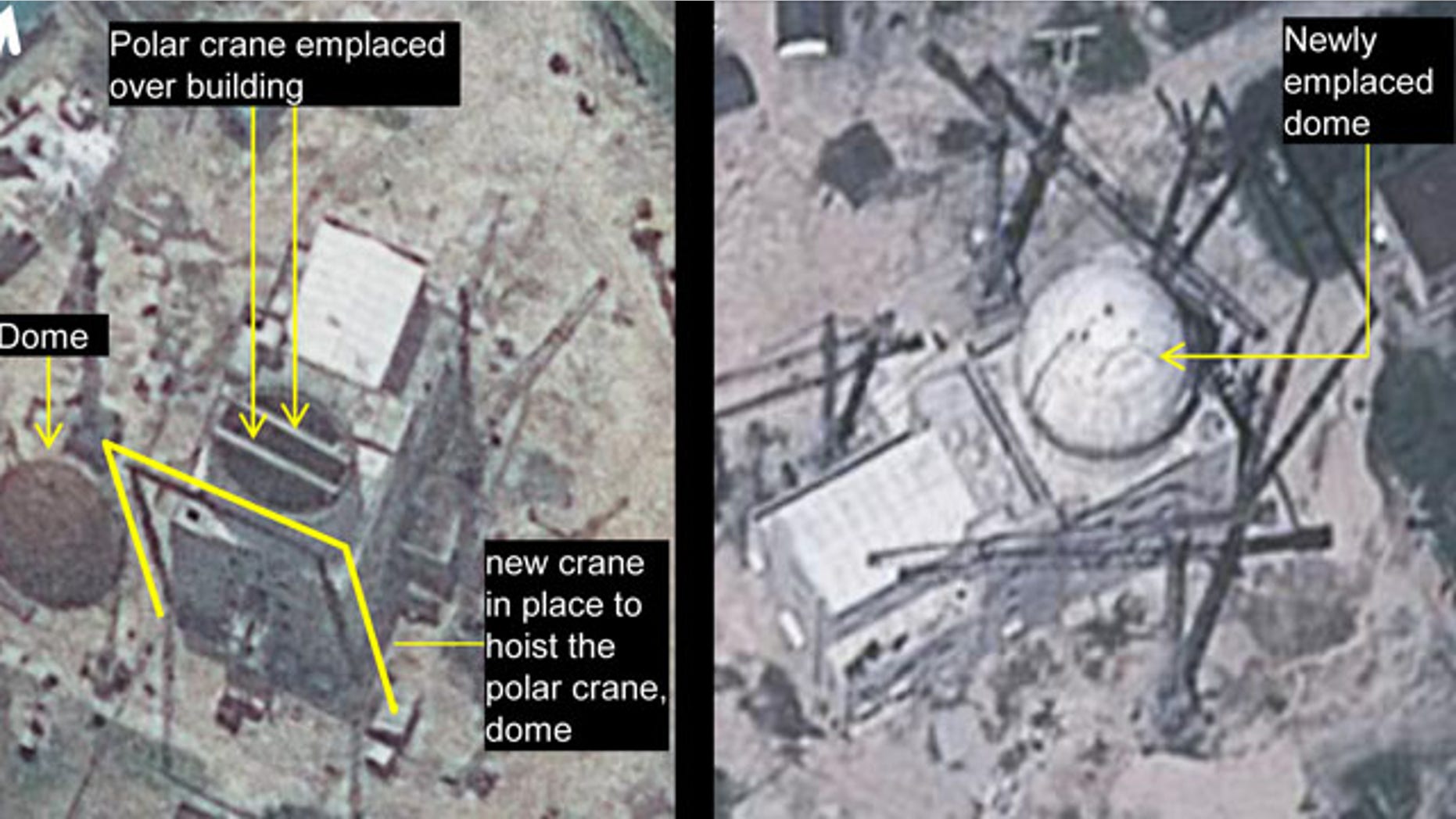 The combination of these two file satellite images taken, from left, June 24 and Aug. 6, 2012, by GeoEye-1 satellite, and released by IHS Jane's Defence Weekly, shows development of a building construction at Yongbyon Nuclear Scientific Research Center in North Korea. (AP Photo)