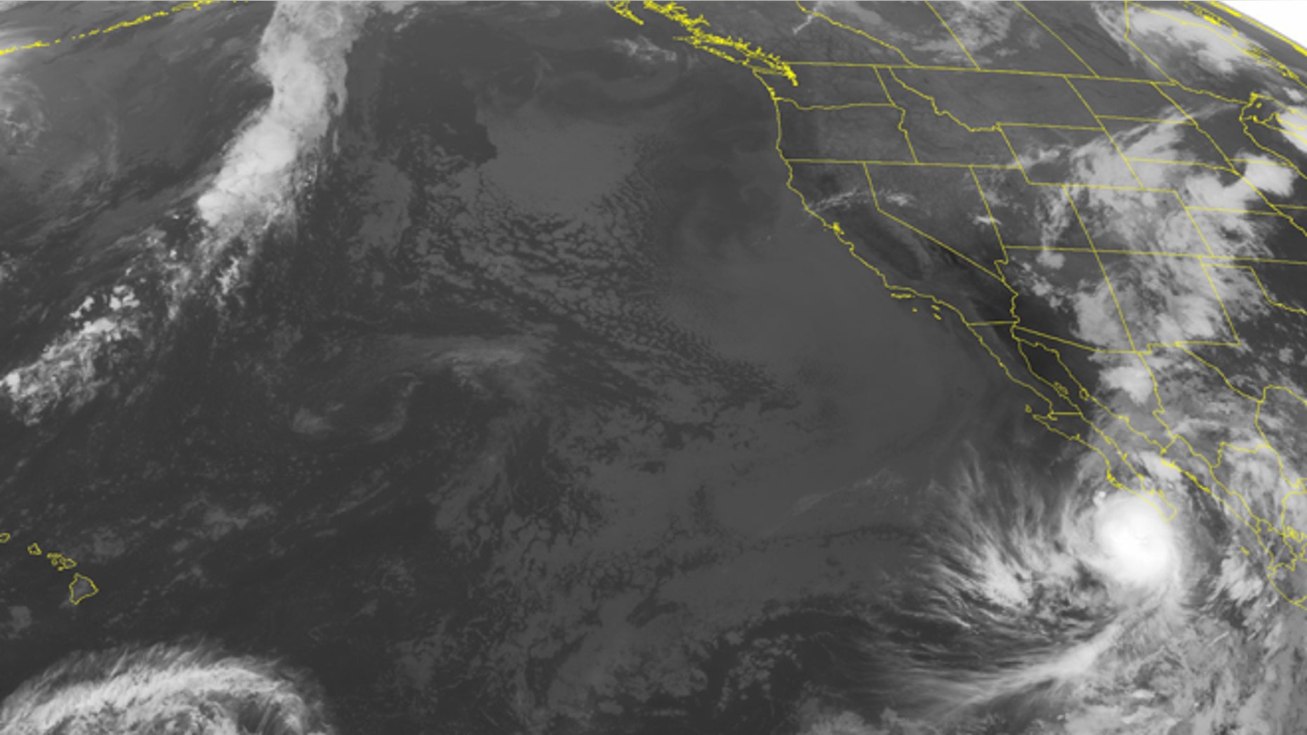 This NOAA satellite image taken Friday, September 05, 2014 at 02:00 AM EDT shows Hurricane Norbert over the southern tip of the Baja Peninsula. Rain showers with a few thunderstorms have developed along a frontal boundary across the Four Corners and into the Central Plains. (AP PHOTO/WEATHER UNDERGROUND)