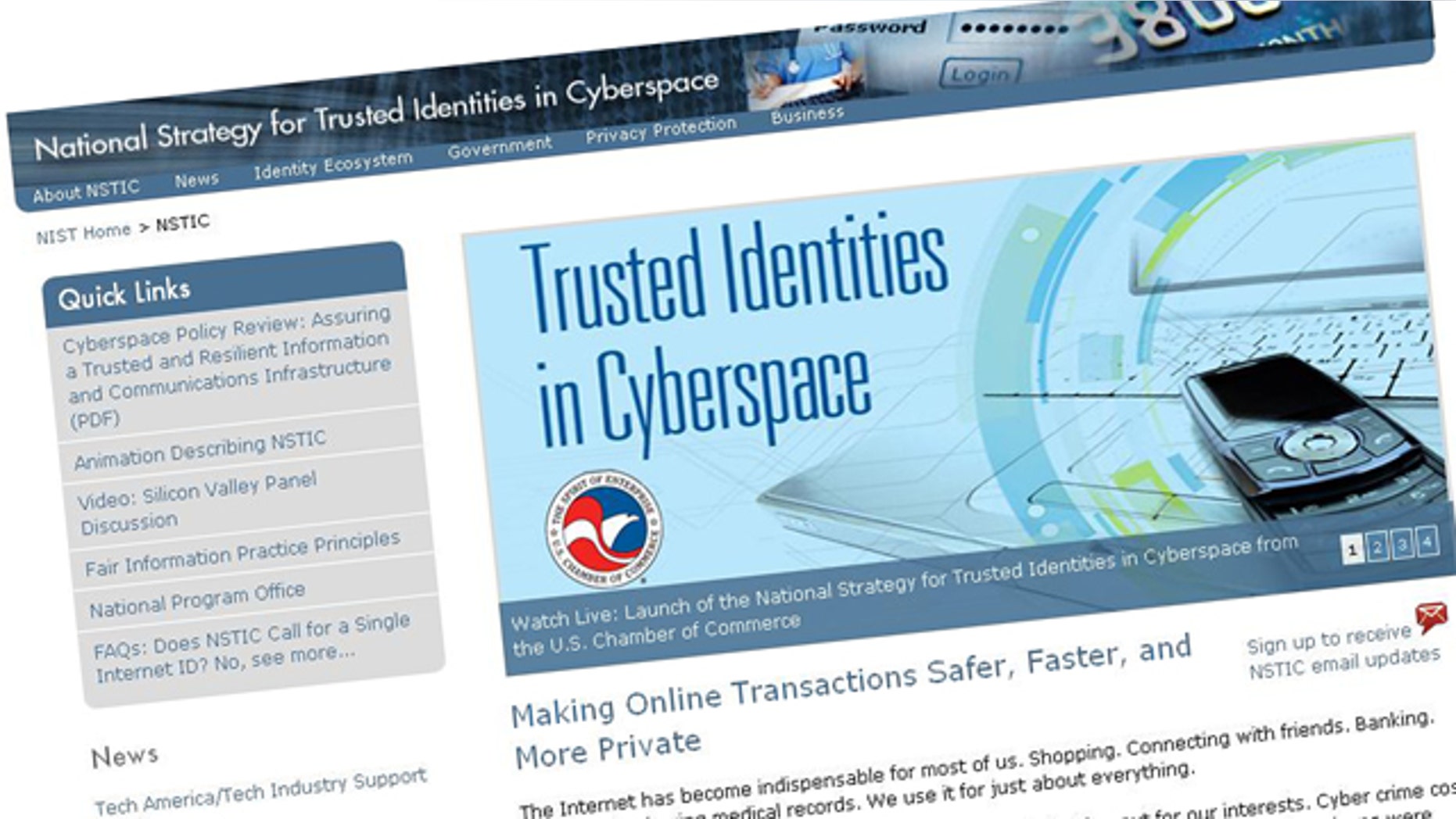 A screenshot of the website for the National Strategy on Trusted Identities in Cyberspace, which aims to create online IDs that will boost privacy and security online.