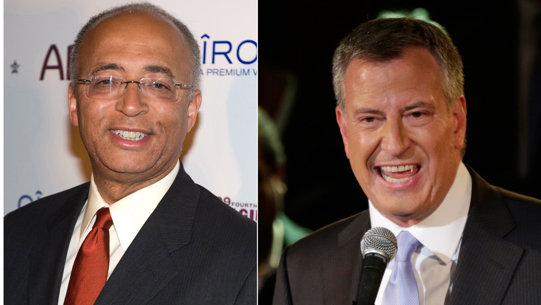 FILE photo: Democratic Mayoral candidates Bill Thompson, left, is seen in this Saturday, Oct. 17, 2009 file photo and Bill De Blasio is seen in this Wednesday, Sept. 11, 2013 photo. AP reports that Thompson will concede the Democratic primary race to de Blasio.