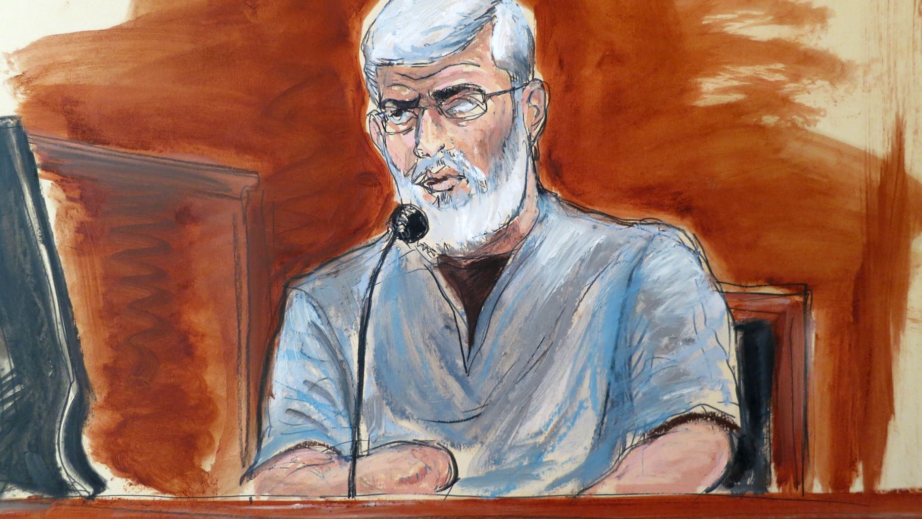 May 7, 2014 - Courtroom sketch of Mustafa Kamel Mustafa, testifying in his own defense at federal court in New York. Egyptian cleric known for incendiary rhetoric at a London mosque denied supporting terrorism in testimony at his Manhattan trial, saying he would give up freedom if the price was dignity and beliefs.