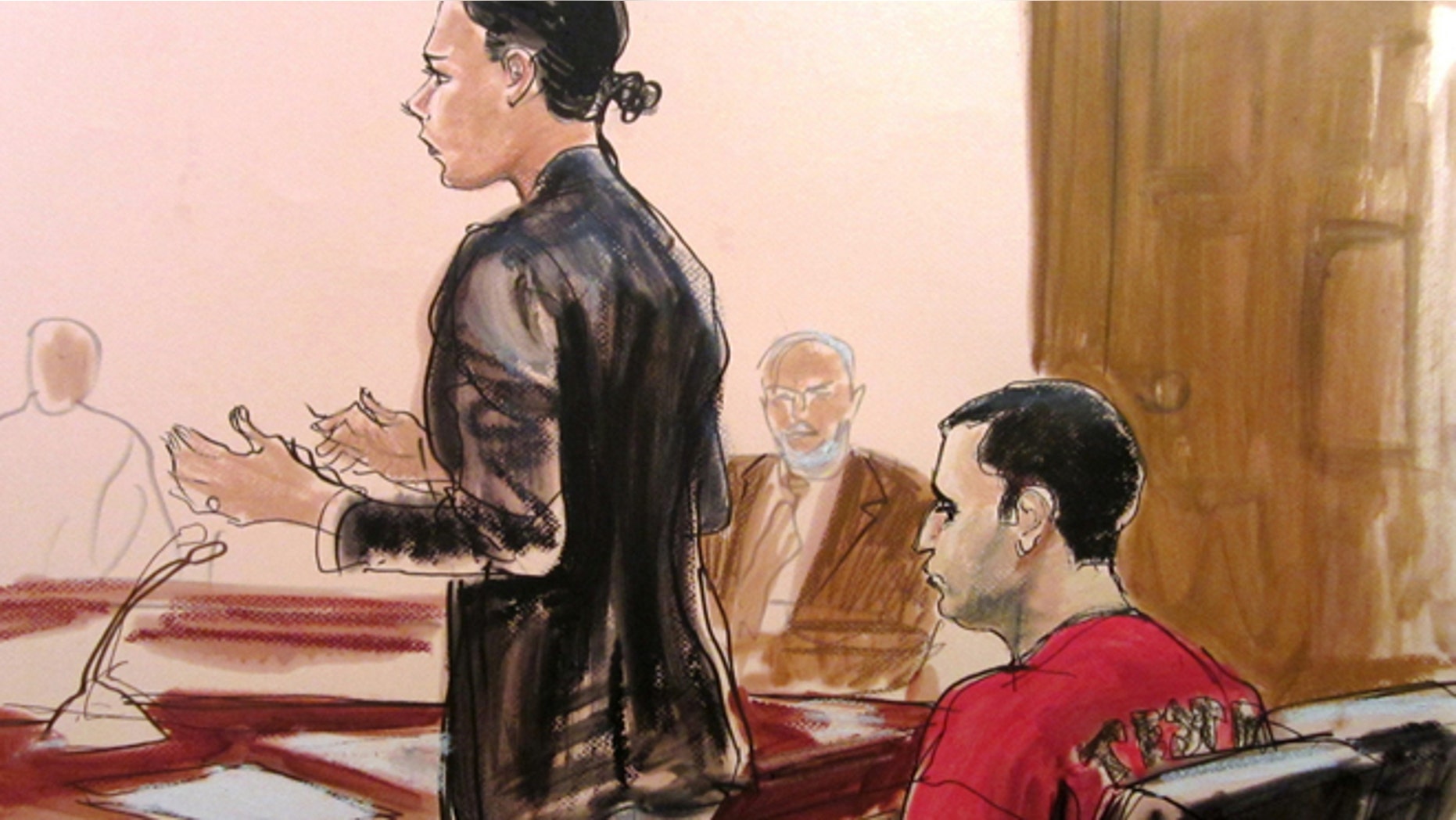 In this Oct. 25, 2012, file courtroom drawing, Federal Defender Julie Gatto requests bail for her client, New York City Police Officer Gilberto Valle, right, at Manhattan Federal Court in New York.
