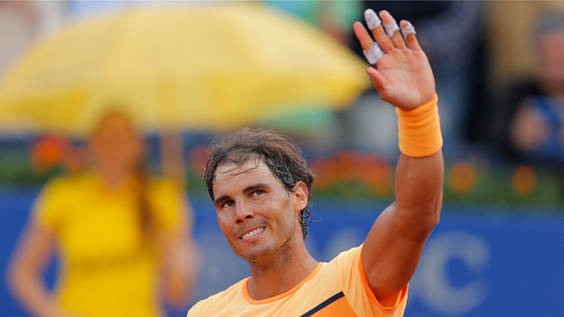 Rafael Nadal celebrates his victory over Philipp Kohlschreiber Saturday, April 23, 2016.