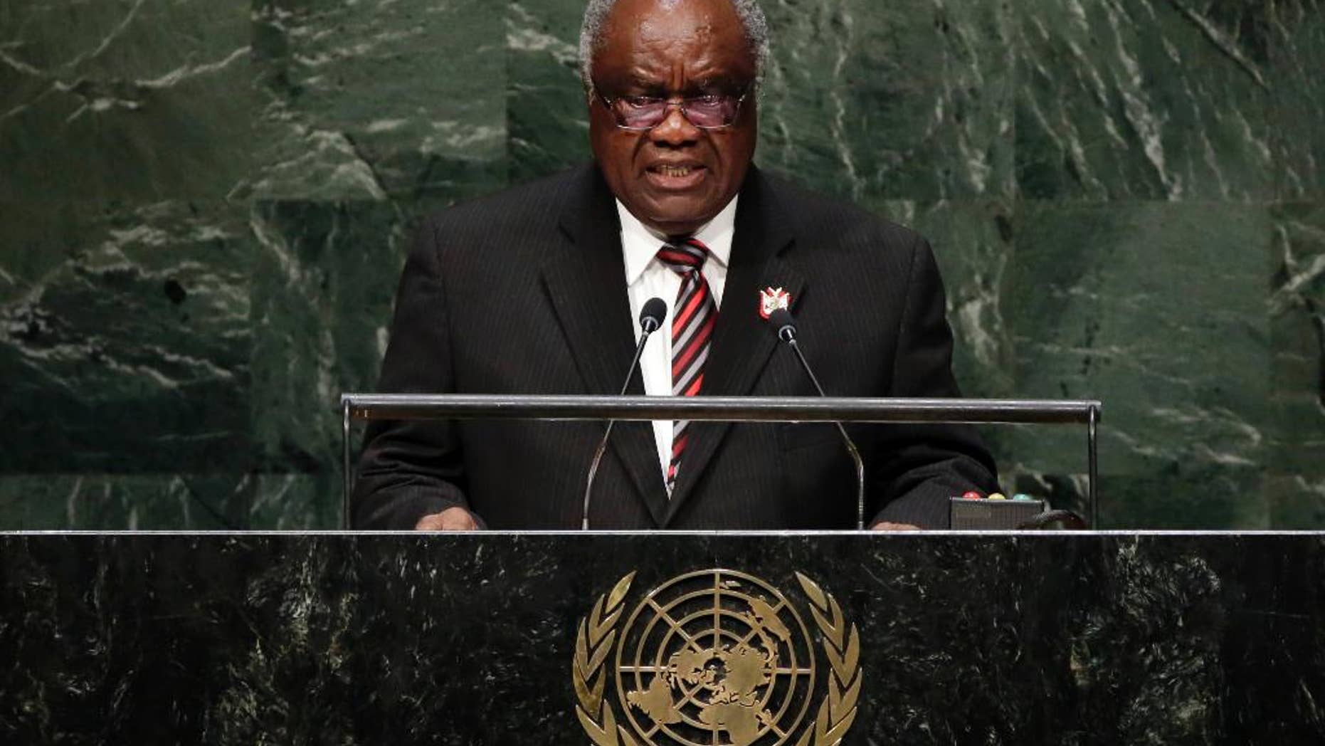 FILE - In this Friday, Sept. 26, 2014 file photo, Namibian President Hifikepunye Pohamba addresses the 69th session of the United Nations General Assembly at U.N. headquarters. Pohamba has won the 2014 Ibrahim Prize for African leadership, the first African leader deemed worthy of the honor since 2011. Chairman of the prize committee Salim Ahmed Salim announced that Pohamba won the $5 million prize Monday, March 2, 2015 in Nairobi. (AP Photo/Richard Drew, File)