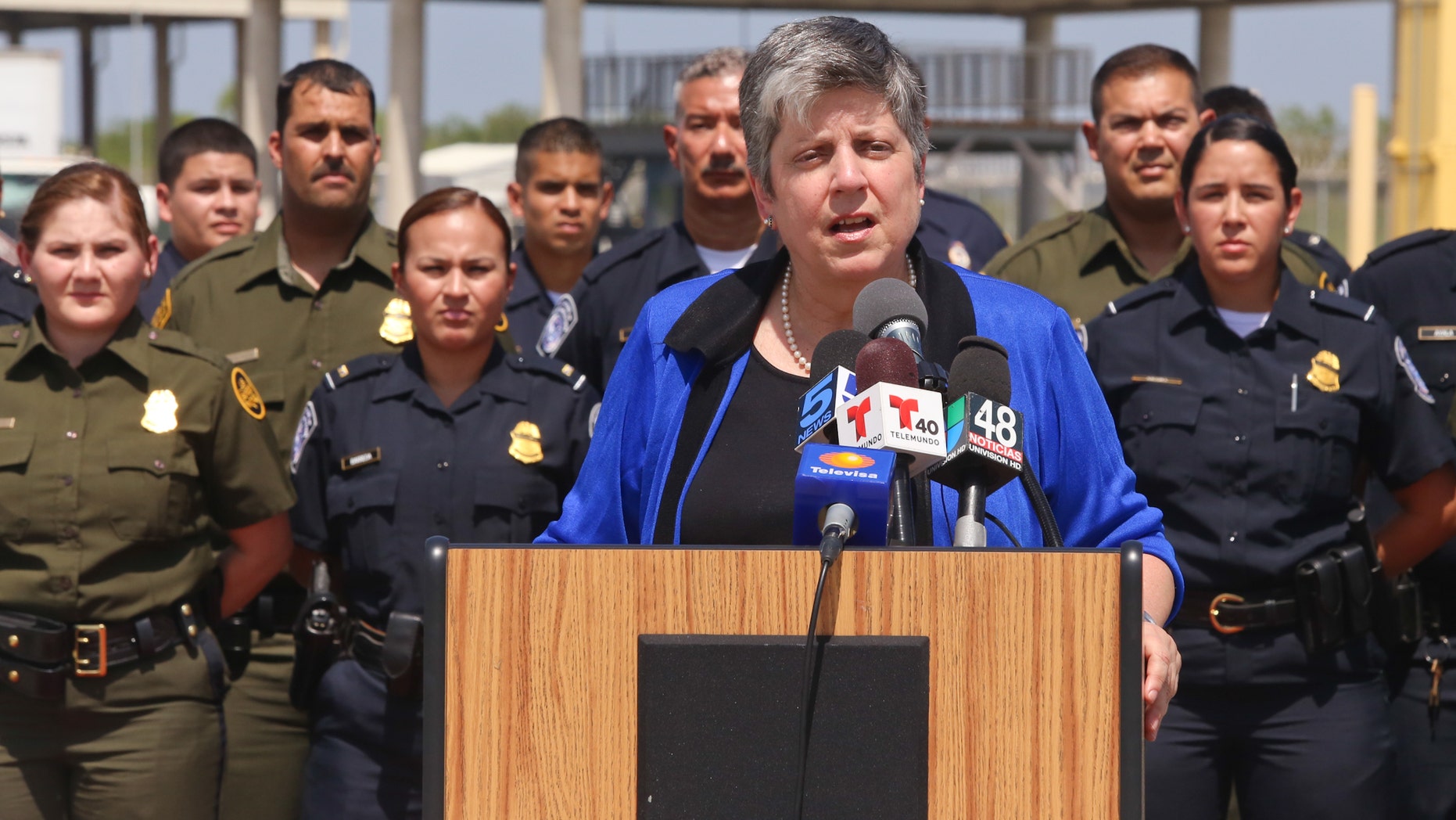 Homeland Security Secretary Janet Napolitano speaks during a brief stop at the Veterans International Bridge in Brownsville, Texas on Tuesday afternoon, July 23, 2013.