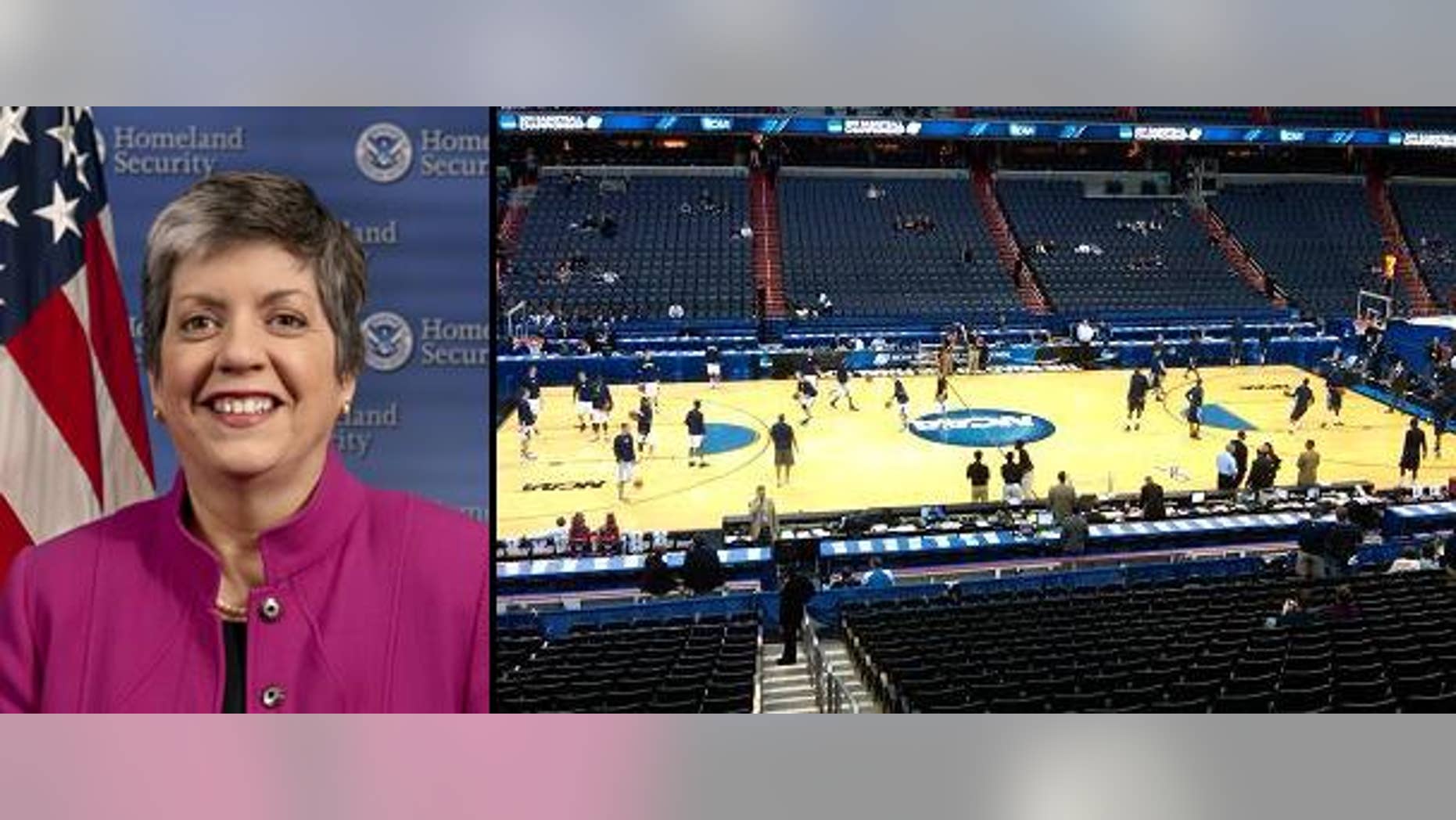 DHS Secretary Janet Napolitano // NCAA players pratice at DC's Verizon Center on March 17