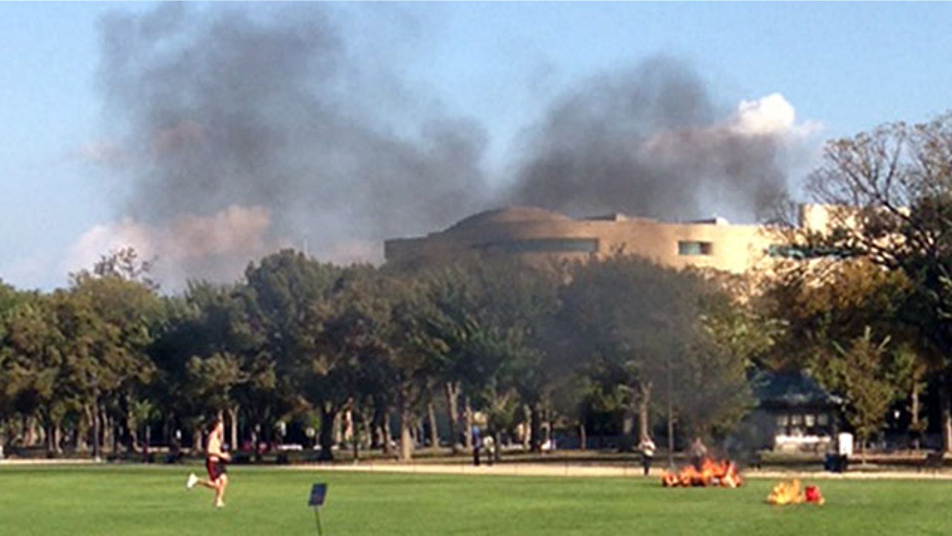 October 4, 2013: In this photo provided by Katy Scheflen, people run to a man who set himself on fire on the National Mall in Washington. (AP Photo)