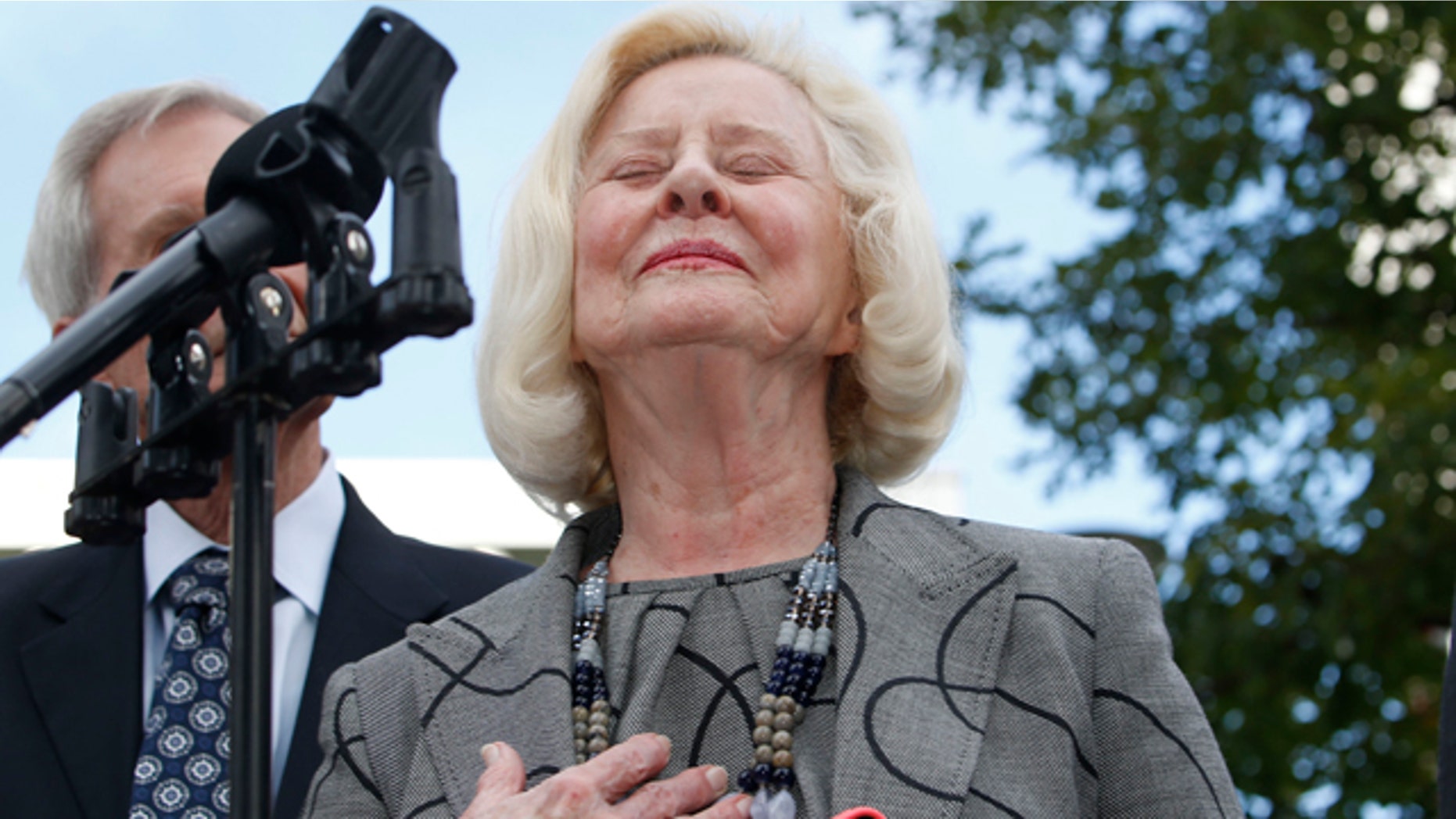 Sept. 21, 2015: Yvonne Bertolet reacts during a news conference regarding a verdict for the death of her daughter, Toni Henthorn, outside federal court in Denver. A federal jury convicted Toni Henthorn's husband, Harold Henthorn, of murder for pushing his wife to her death off a cliff in a remote part of Rocky Mountain National Park as they hiked to celebrate their wedding anniversary in 2012. (AP Photo/David Zalubowski)