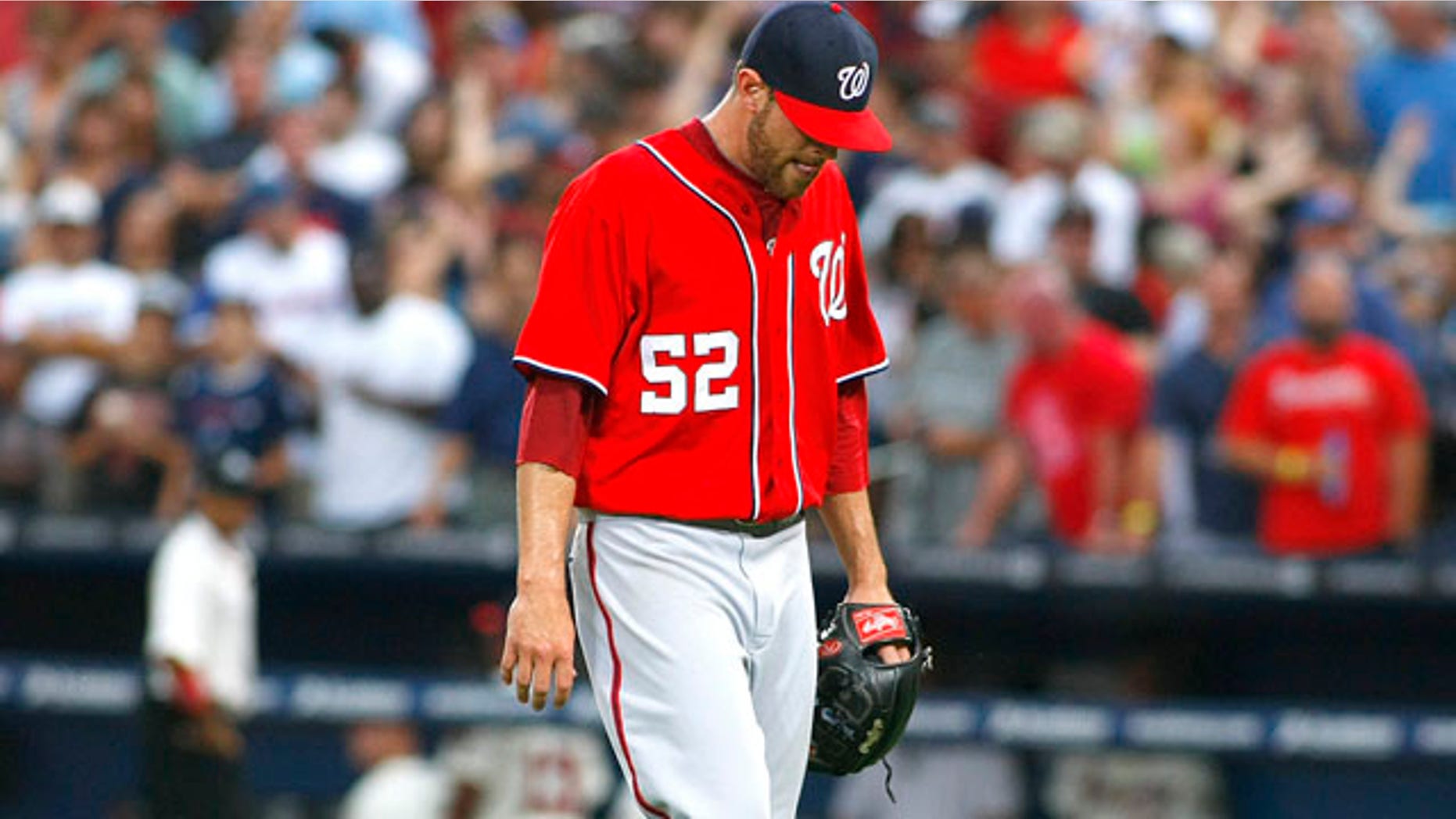 Sept. 15, 2012: Washington Nationals relief pitcher Ryan Mattheus leaves the field in the eighth inning at their MLB National League baseball game against the Atlanta Braves at Turner Field in Atlanta, Georgia.