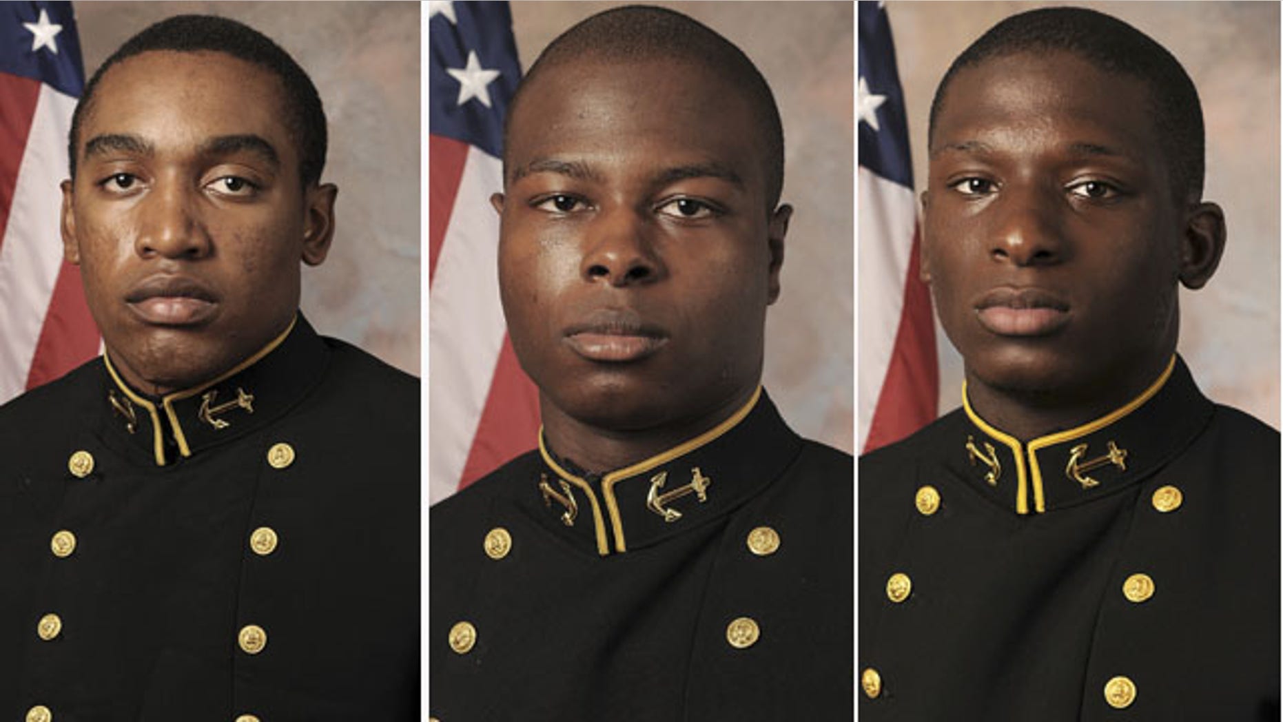 (L-R): Naval Academy Midshipmen Tra'ves Bush, Eric Graham, and Josh Tate. A hearing has begun to determine whether Bush and two other former U.S. Naval Academy football players will face a court-martial on charges that they sexually assaulted a female midshipman. (AP Photo/U.S. Navy Football)
