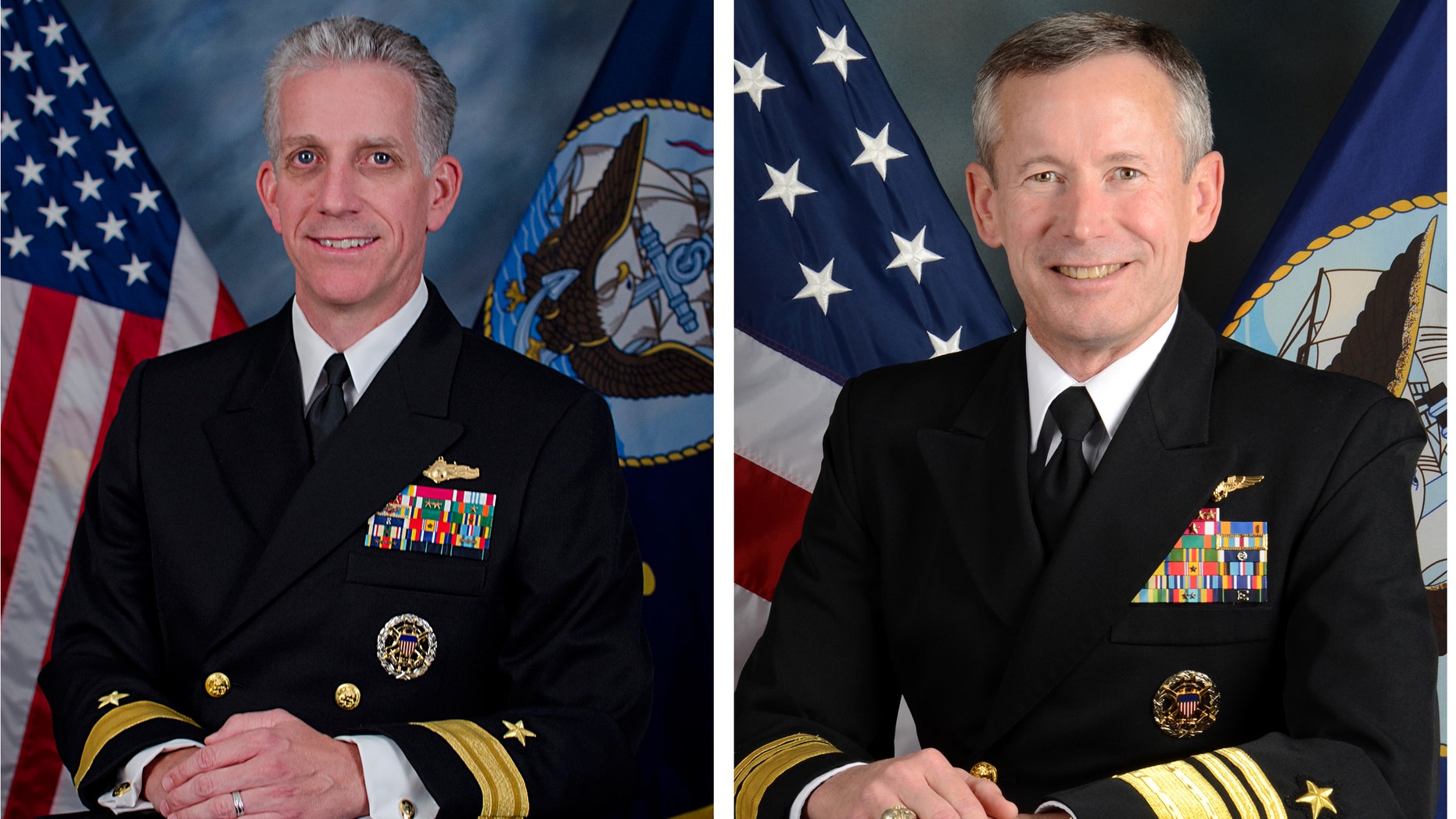 ADDS DATE OF ANNOUNCEMENT - This undated photo provided by the U.S. Navy shows Rear Adm. Bruce F. Loveless, left, and Vice Adm. Ted Branch in an offical portraits. The Navy announced Friday night Nov. 8, 2013 it has suspended access to classified material of Rear Adm. Bruce F. Loveless and Adm. Ted Branch in connection with a massive bribery scheme in Asia involving prostitutes and luxury travel. (AP Photo/US Navy)