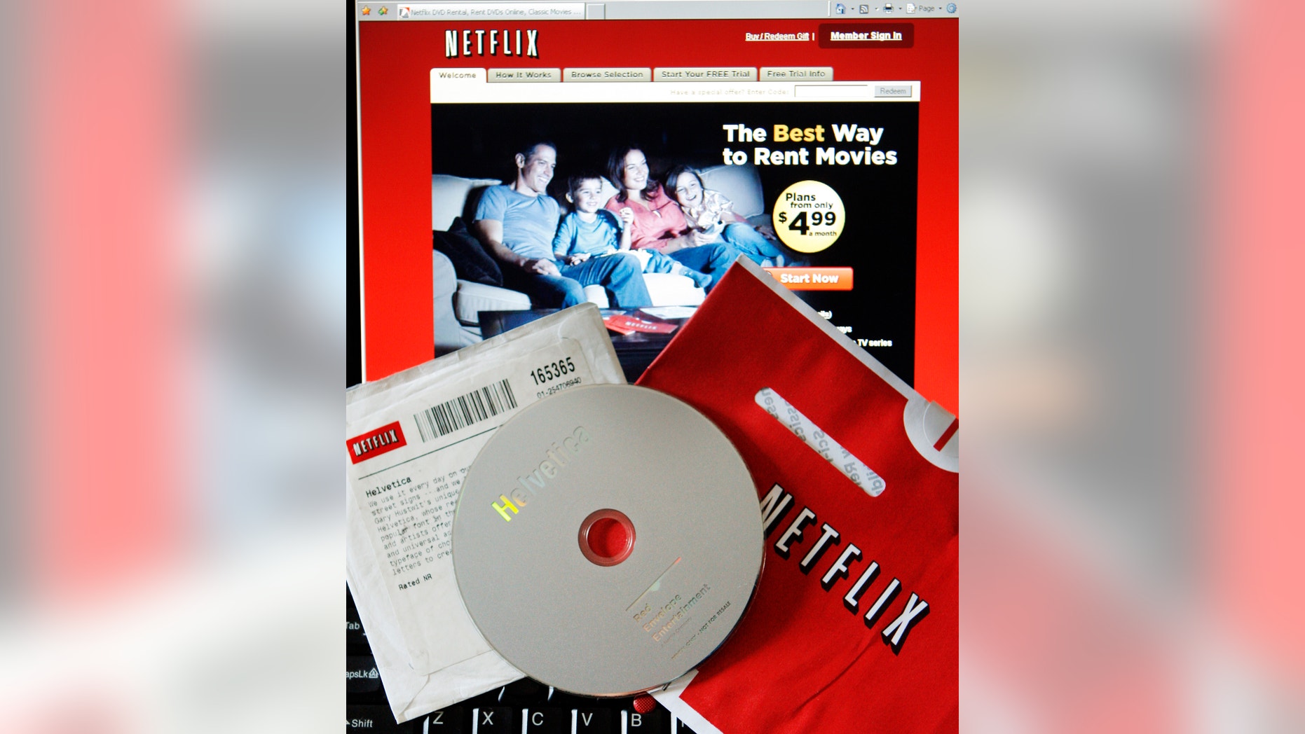 A DVD rental from Netflix is seen with the company's website.