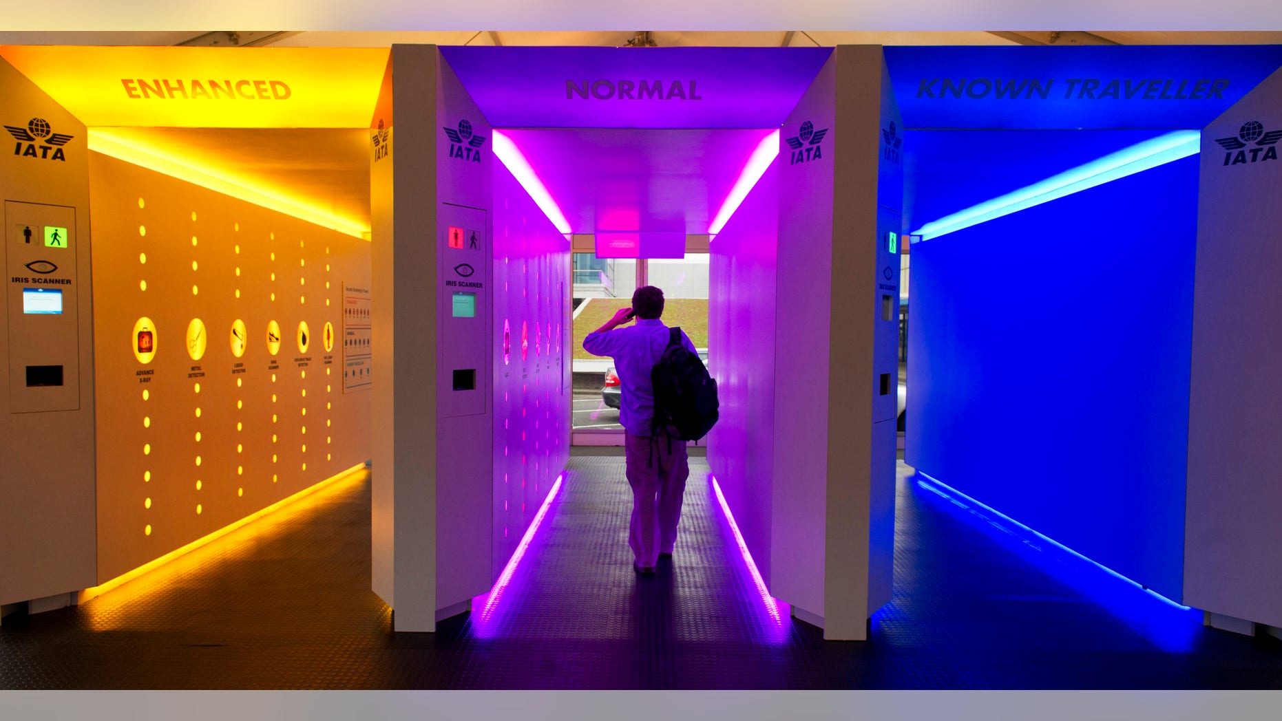 A person walks through a model of a scanning corridor at the International Air Transport Association Aviation Security (IATA AVSEC) conference in Amsterdam, Netherlands, Tuesday, Oct. 4, 2011. The airline industry has presented its vision for a security 'checkpoint of the future,' which would speed up safety checks by sorting passengers according to the level of risk they pose.