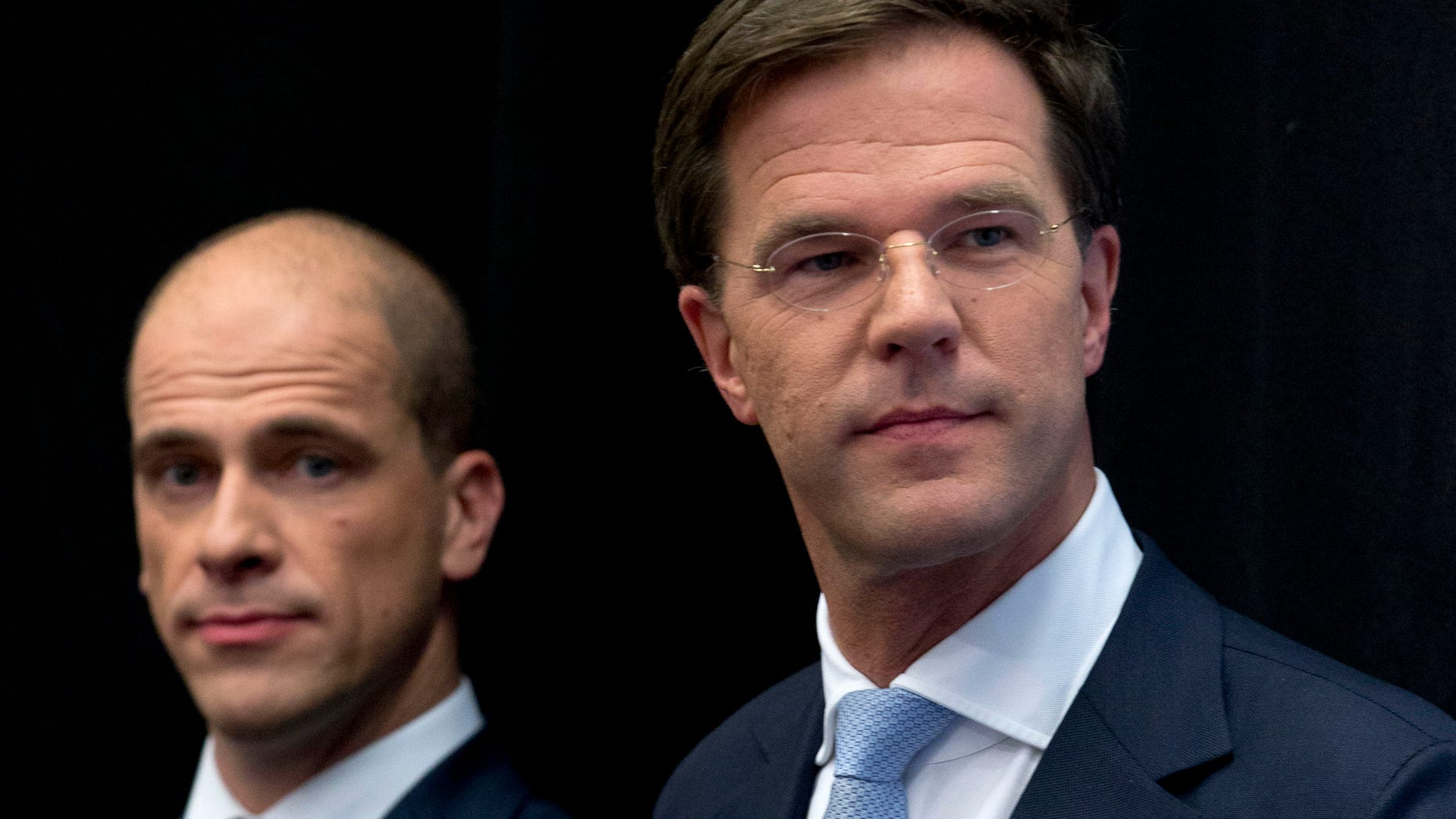 Oct. 29, 2012: Netherlands' caretaker Prime Minister Mark Rutte, right, and Labor Party Leader Diederik Samsom, left, attend a joint news conference in The Hague, Netherlands.