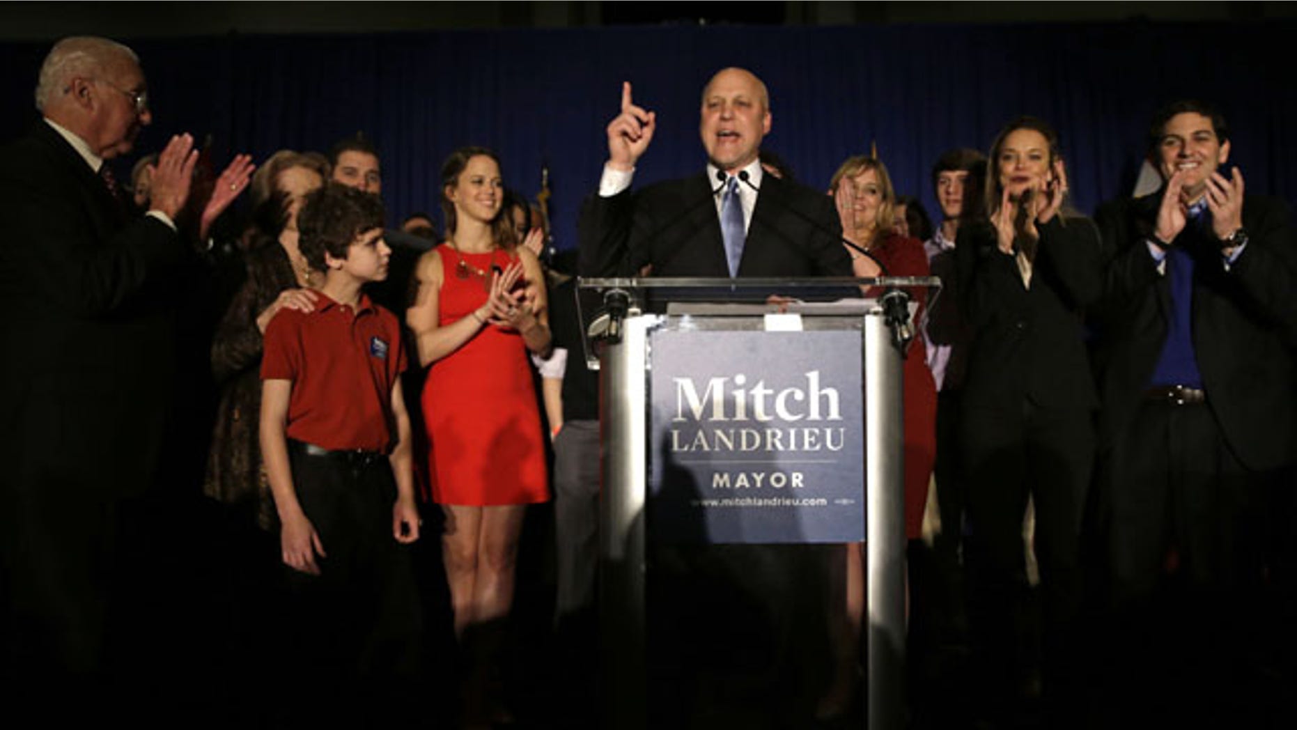 February 1, 2014: Incumbent New Orleans Mayor Mitch Landrieu addresses supporters after winning reelection in New Orleans. (AP Photo/Gerald Herbert)
