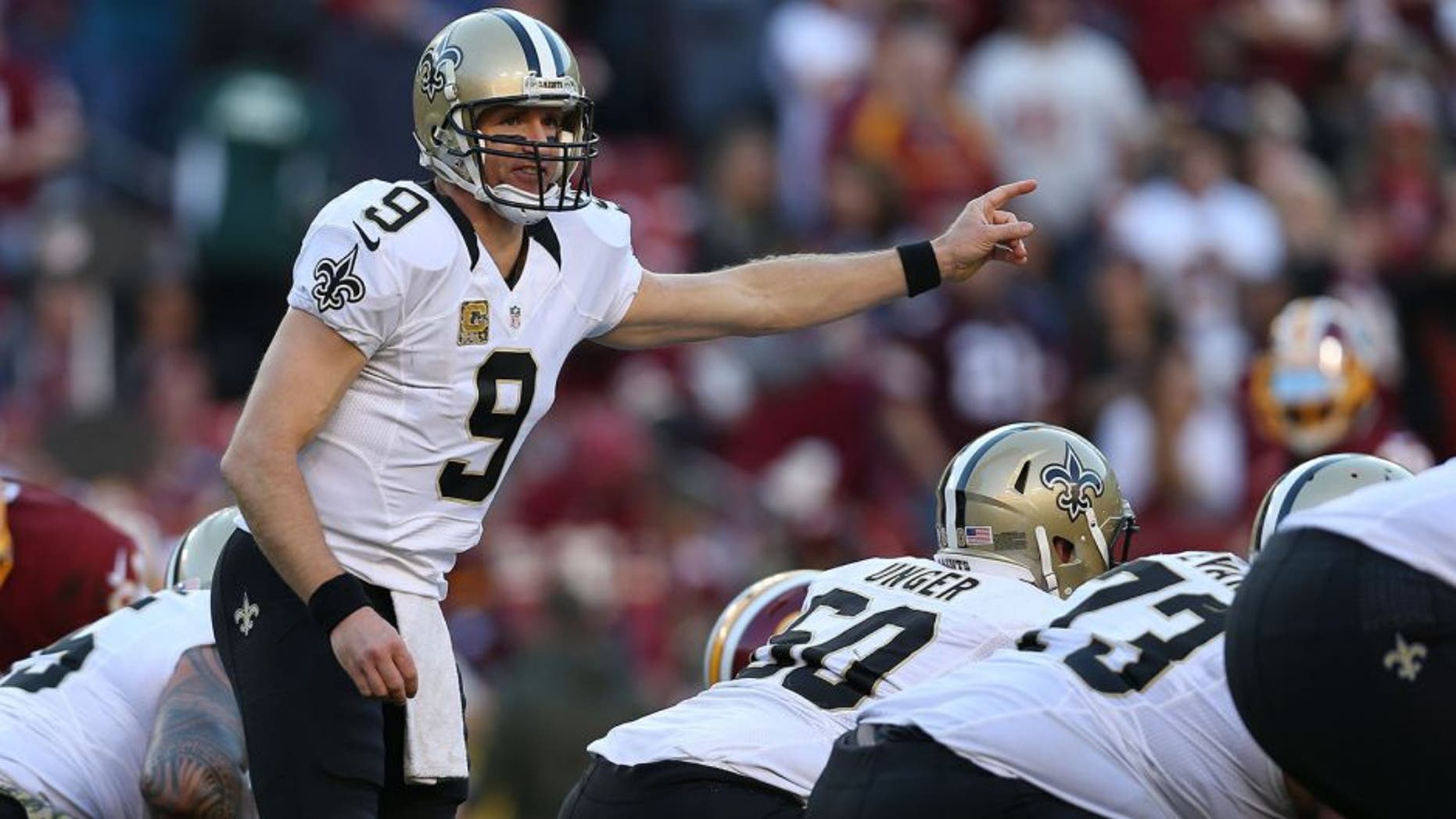 LANDOVER, MD - NOVEMBER 15: Quarterback Drew Brees #9 of the New Orleans calls a play against the Washington Redskins in the second half at FedExField on November 15, 2015 in Landover, Maryland. The Washington Redskins won, 47-14. (Photo by Patrick Smith/Getty Images)