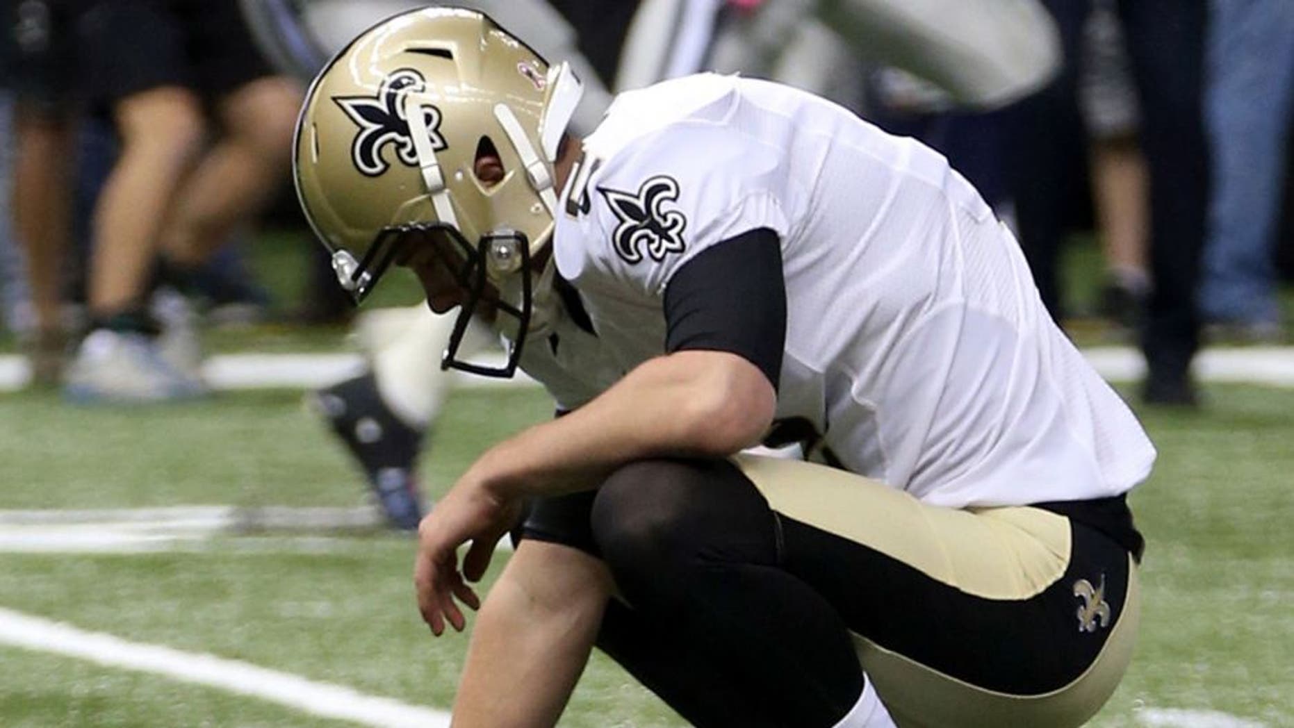 Oct 4, 2015; New Orleans, LA, USA; New Orleans Saints kicker Zach Hocker (2) reacts after missing a field goal at the end of the fourth quarter against the Dallas Cowboys at Mercedes-Benz Superdome. The Saints won 26-20. Mandatory Credit: Chuck Cook-USA TODAY Sports