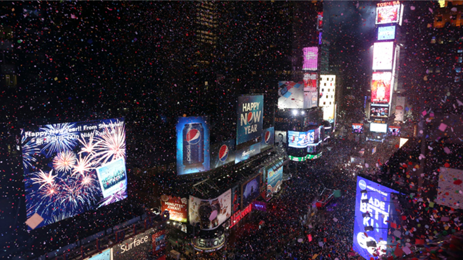 Confetti flies over New York's Times Square after the clock strikes midnight during the New Year's Eve celebration in 2013.
