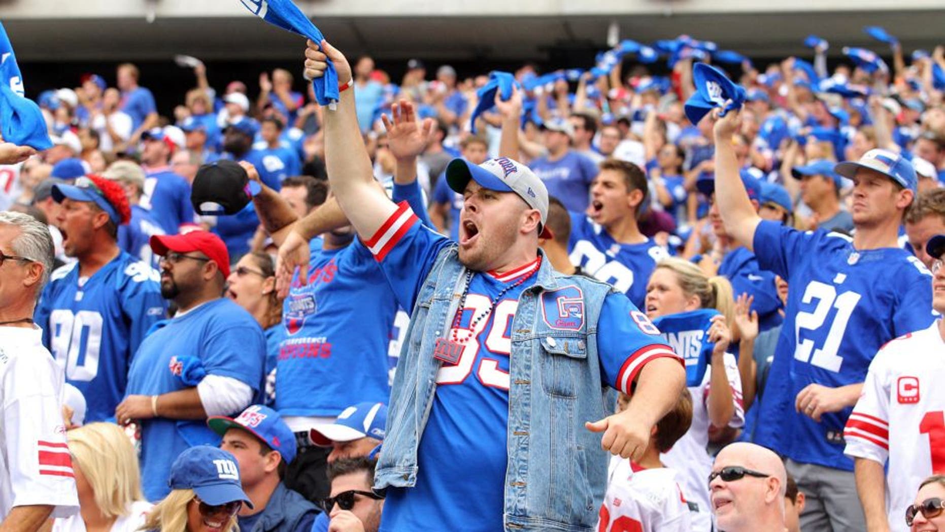 Sep 21, 2014; East Rutherford, NJ, USA; New York Giants fans react during the second quarter against the Houston Texans at MetLife Stadium. Mandatory Credit: Brad Penner-USA TODAY Sports