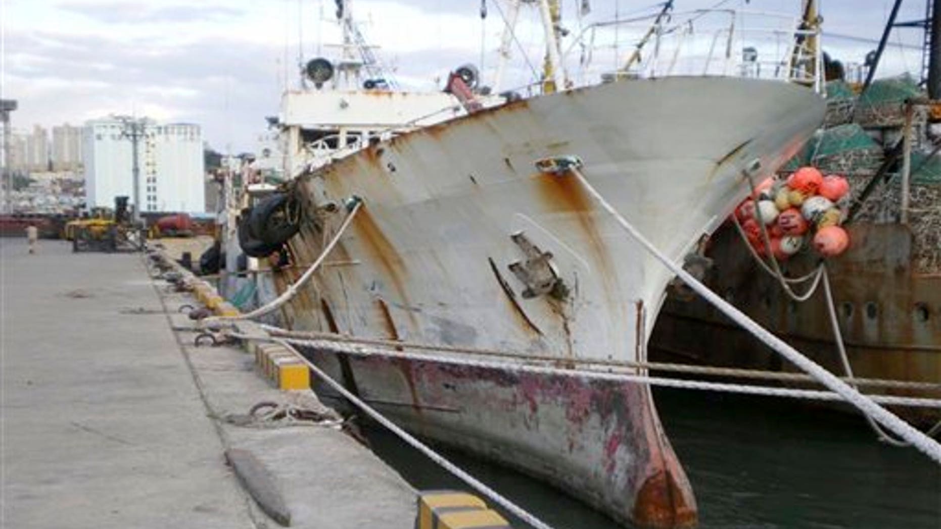 In this undated photo provided by the Commission for the Conservation of Antarctic Marine Living Resources (CCAMLR), Russian fishing vessel Sparta is tied up at an unknown location. The Sparta, with 32 crew members, is in trouble and taking on water near Antarctica, Friday, Dec. 16, 2011, with heavy sea ice hampering rescue efforts. Officials said it could be four or five days before anybody reaches the ship to try to rescue the crew. (AP Photo/Commission for the Conservation of Antarctic Marine Living Resources) EDITORIAL USE ONLY
