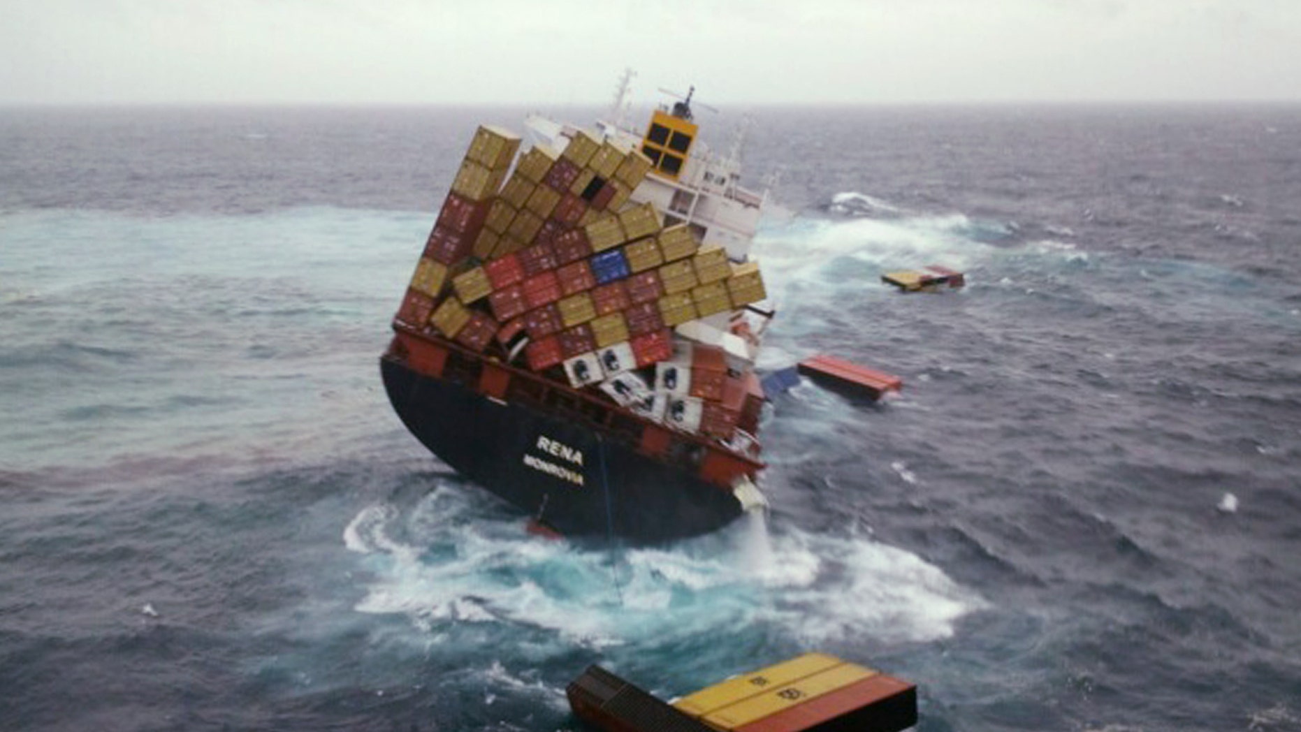 Oct. 12, 2011: Shipping containers float in the water around the cargo ship Rena that has been foundering since it ran aground Oct. 5 on the Astrolabe Reef, about 14 miles from Tauranga Harbour, New Zealand.