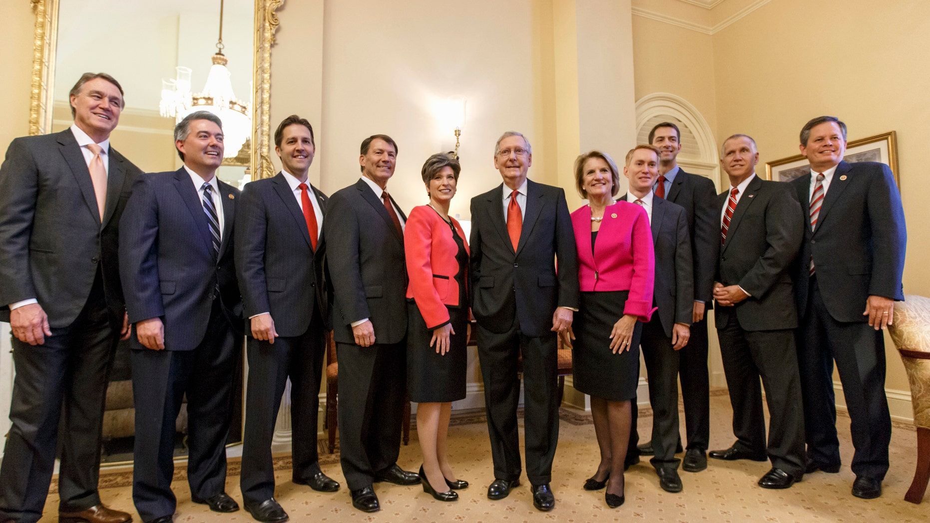 Nov. 12, 2014: Senate Minority Leader Mitch McConnell flanked by 10 newly-elected GOP senators. Washington, D.C .