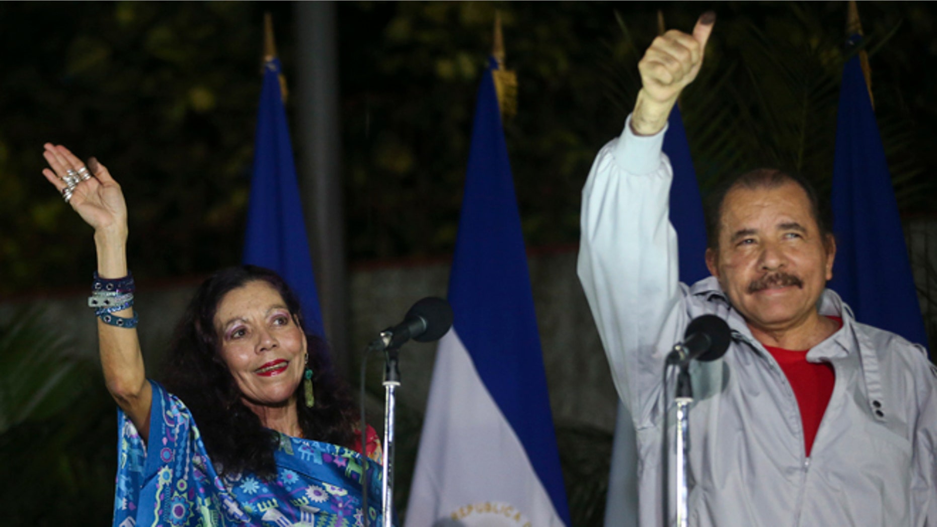 Daniel Ortega and his wife after casting their ballots in Managua, Nicaragua, Sunday, Nov. 6, 2016.