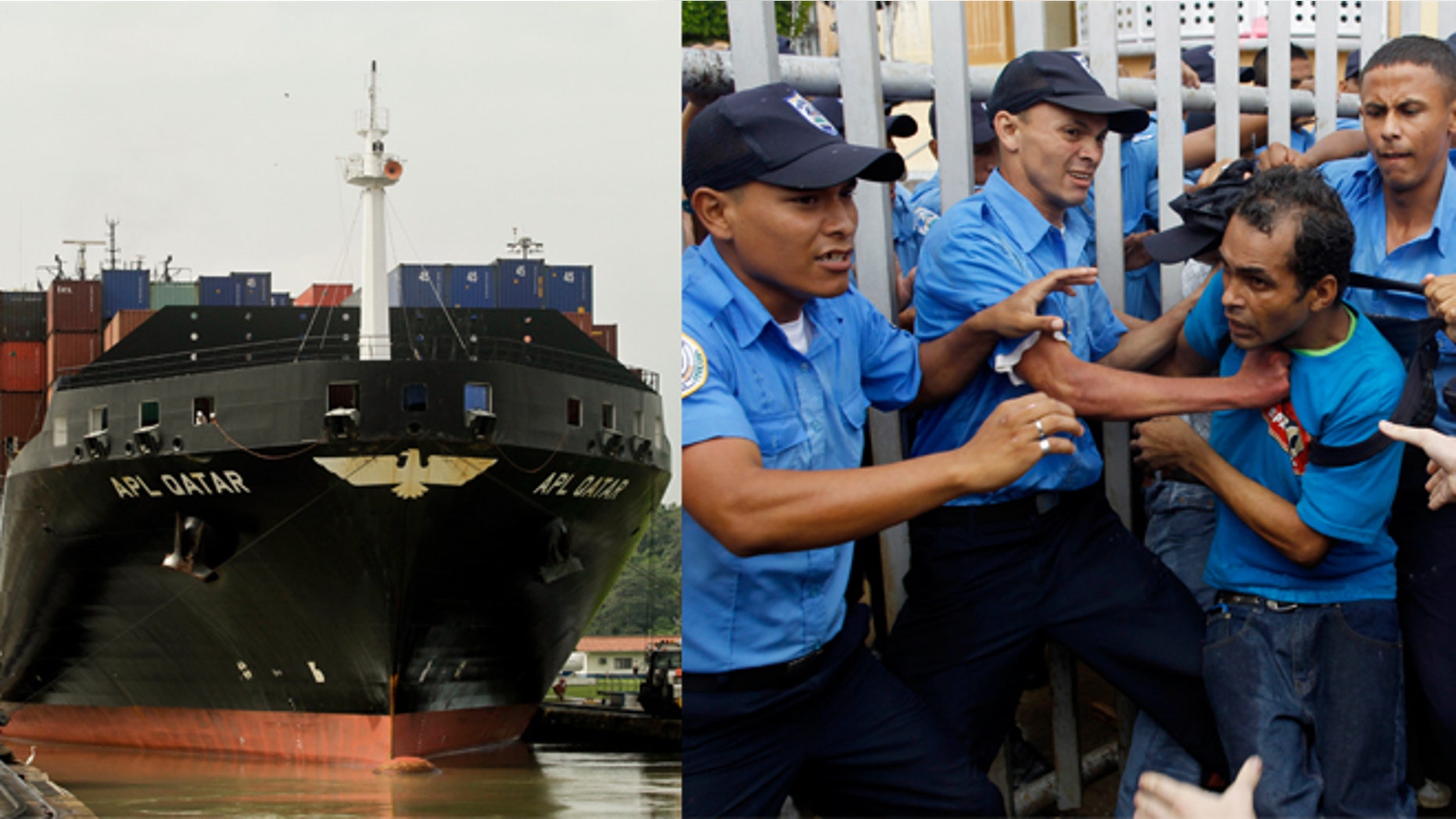 Panama Canal pictured on the left. On the right, Anti-government demonstrators scuffle with police officers in front of Nicaragua's National Assembly during a protest against the project to build an inter-oceanic canal in the country in Managua, Nicaragua, Thursday, June 13, 2013.
