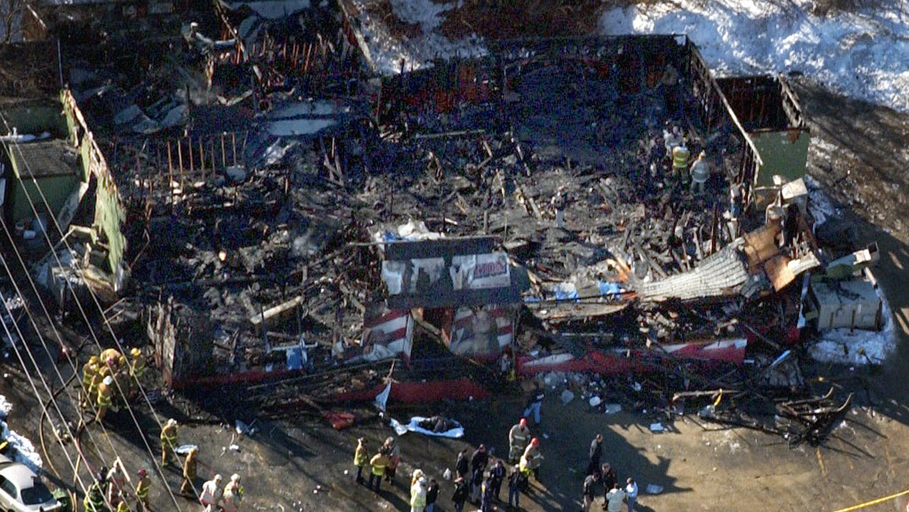 Feb. 21, 2003: The burned out remains of the Station nightclub in West Warwick, R.I. is seen in a file aerial photo.