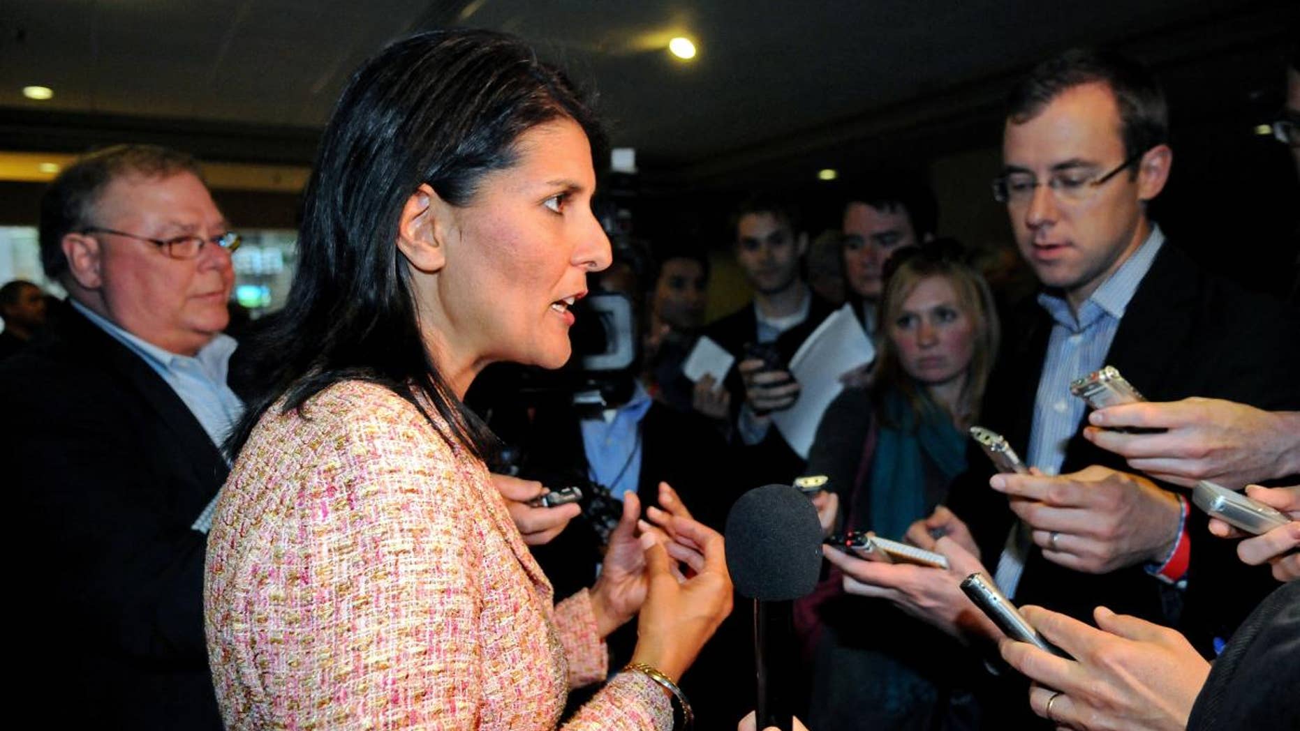 South Carolina Gov. Nikki Haley (R) speaks to reporters in this file photo.