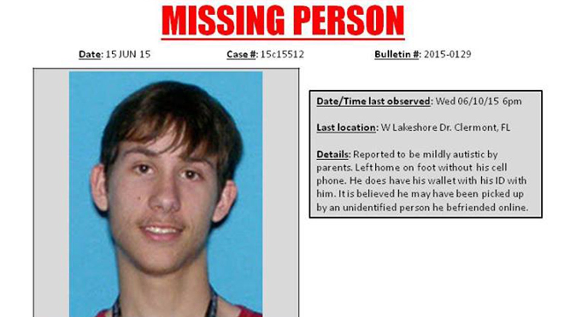 Noah Edward Heslin, 18, is pictured in a missing-person flier provided by the Clermont Police Department.