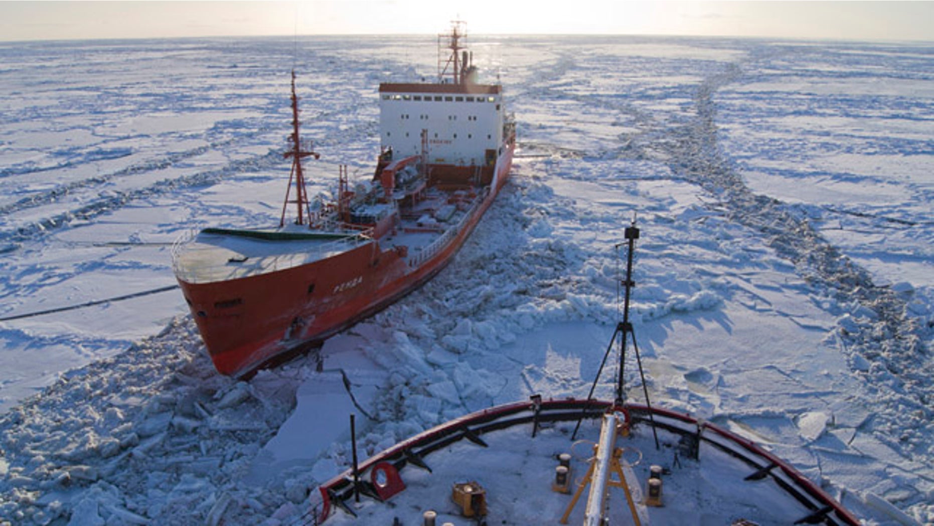 Jan. 6: Russian-flagged tanker Renda, carrying more than 1.3 million gallons of fuel, sits in the ice while the Coast Guard Cutter Healy crew breaks the ice around the tanker approximately 19 miles northwest of Nunivak Island.