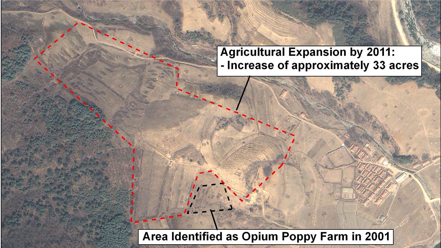 Outside the Yodok Prison camp agricultural areas previously identified as poppy fields for the production of opium and heroin have been greatly expanded. (DigitalGlobe)