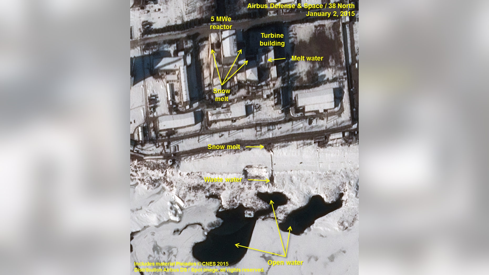 This Jan. 2, 2015, image provided by Airbus Defense and Space, Spot Image, and Pleiades - CNES via 38 North, a website specializing in analysis of North Korea, at the U.S.-Korea Institute at the Johns Hopkins School of Advanced International Studies shows an annotated satellite photo indicating signs of new activity at the 5 MWe Plutonium Production Reactor at North Korea’s Nyongbyon Nuclear Scientific Research Center. The U.S.-Korea Institute at Johns Hopkins School of Advanced International Studies said on Thursday, Jan. 29, 2015, that North Korea may be attempting to restart its main nuclear bomb fuel reactor after a five-month shutdown. (AP Photo/Airbus Defense and Space, Spot Image, Pleiades - CNES via 38 North)
