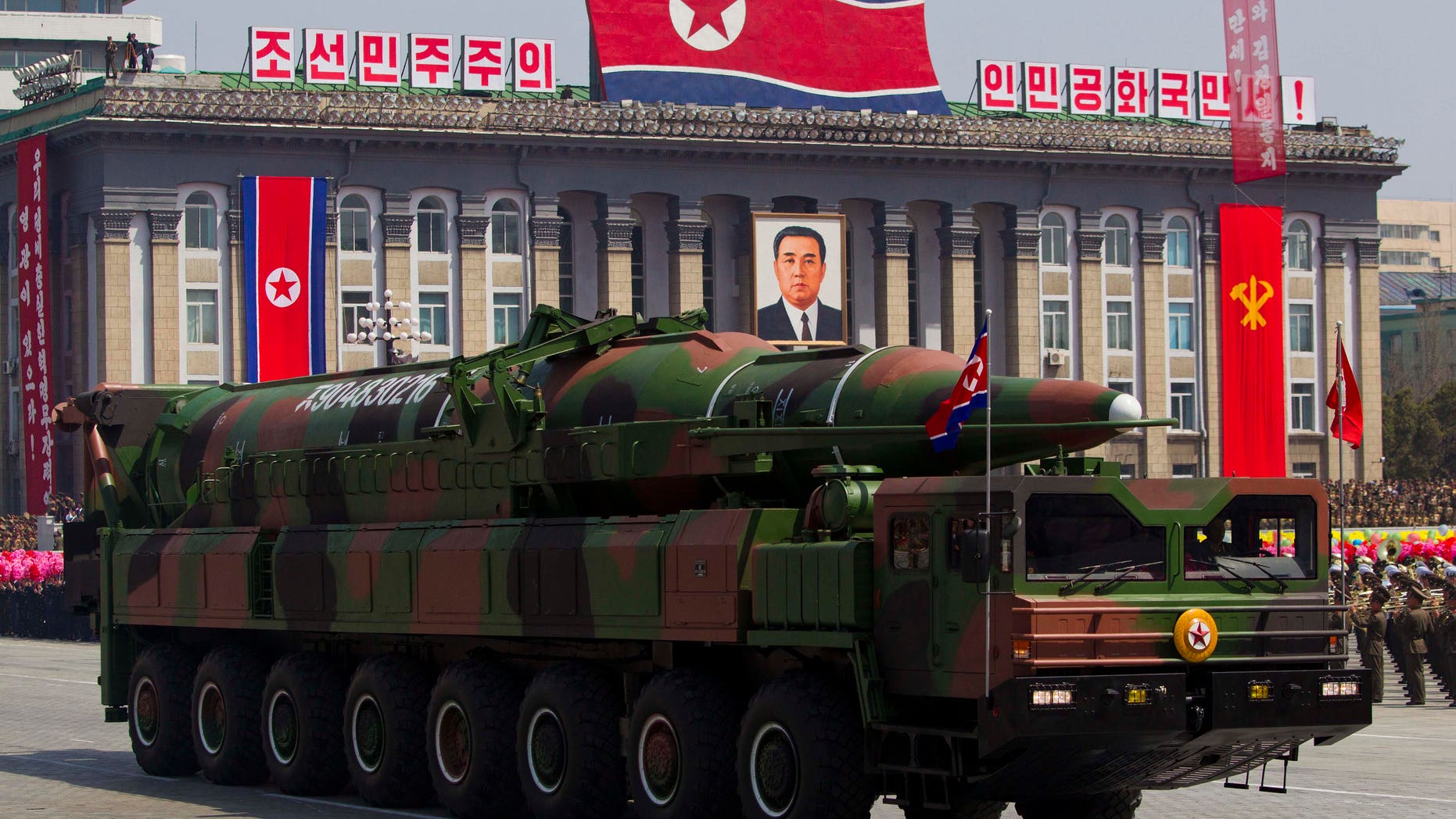 April 15, 2012: In this file photo, a North Korean vehicle carries a missile during a mass military parade in Pyongyang's Kim Il Sung Square to celebrate the centenary of the birth of the late North Korean founder Kim Il Sung.